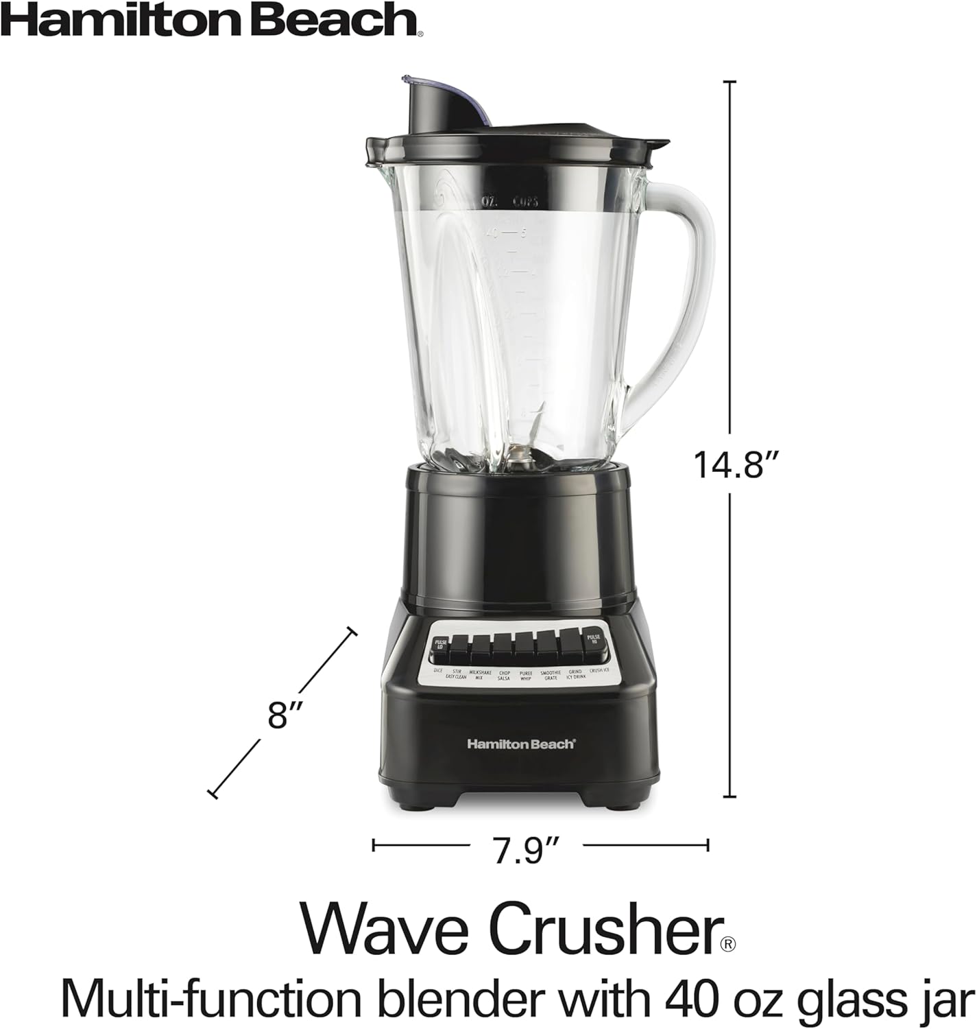 Hamilton Beach Wave Crusher Blender For Shakes and Smoothies With 40 Oz Glass Jar and 14 Functions, Ice Sabre Blades & 700 Watts for Consistently Smooth Results, Black + Stainless Steel (54221)