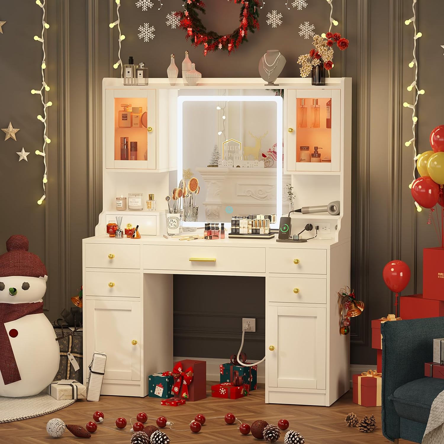 Dnxao Large Make up Vanity Desk with Mirror and Lights,3 Lights Mode and Brightness Adjusted by Touch Button, Built-in Power Strip and 6 Drawers,4 cabinets,2 cabinets with RGB Lights