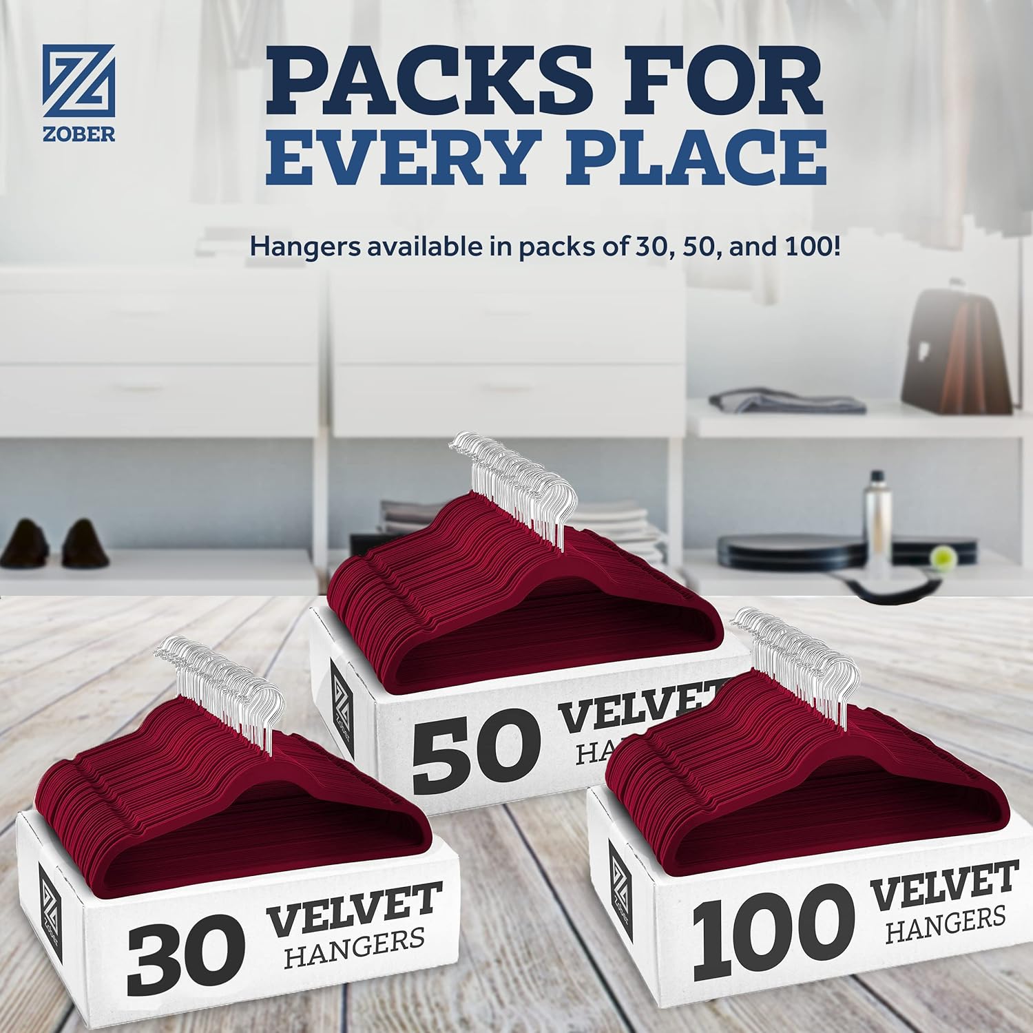 Zober Velvet Hangers 50 Pack - Heavy Duty Black Hangers for Coats, Pants & Dress Clothes - Non Slip Clothes Hanger Set - Space Saving Felt Hangers for Clothing