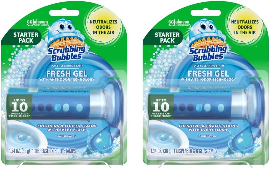 Scrubbing Bubbles Toilet Gel Stamps, Fresh Gel Toilet Cleaning Stamps, Helps Keep Toilet Clean and Helps Prevent Limescale & Toilet Rings, Rainshower Scent, 1 Dispenser with 6 Stamps