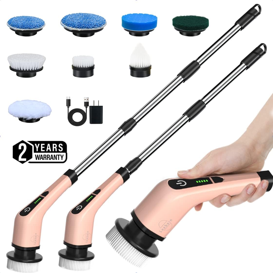 Leebein Electric Spin Scrubber, Cordless Cleaning Brush with 8 Replaceable Brush Heads, Tub and Floor Tile 360 Power Scrubber Dual Speed with Adjustable & Detachable Handle for Bathroom Kitchen Car