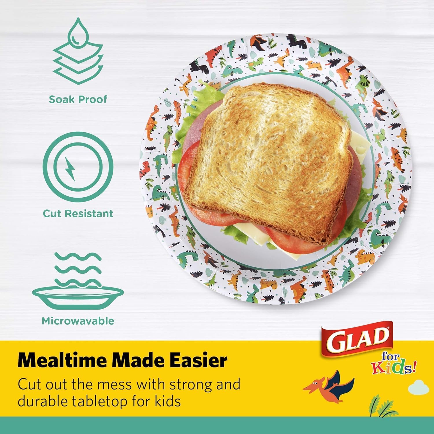 Glad for Kids Dinosaur Design Disposable Paper Plates, 7-Inch, Soak Proof & Microwavable Kid Paper Plates - Perfect for Kids Birthday Parties, Dinosaur Party Supplies - 20 Count Party Plates