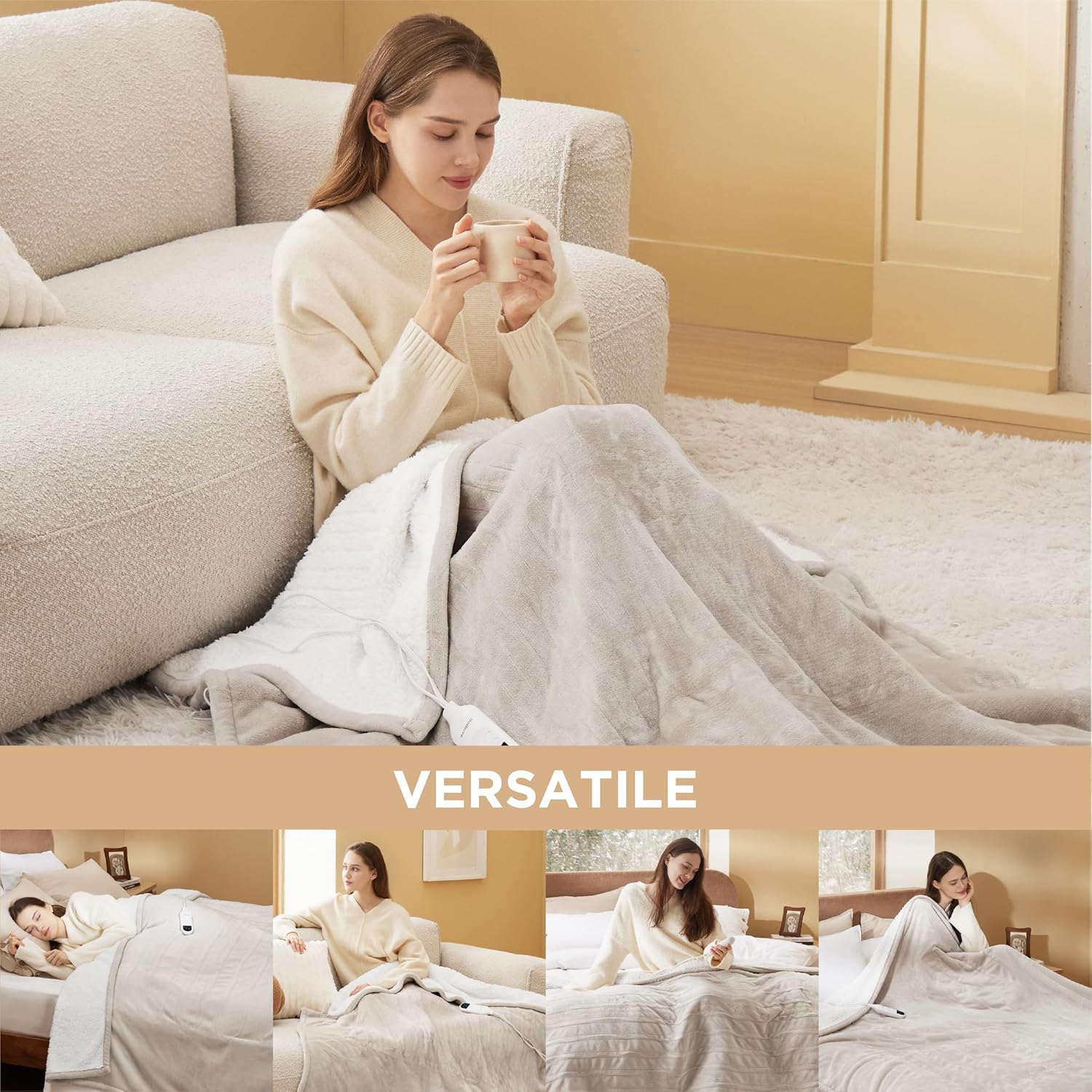 Bedsure Heated Blanket Electric Throw - Soft Flannel Electric Blanket, Heating Blanket with 4 Time Settings & 6 Heat Settings, Warm Blanket Gift for Grandma (50x60 inches, Grey)