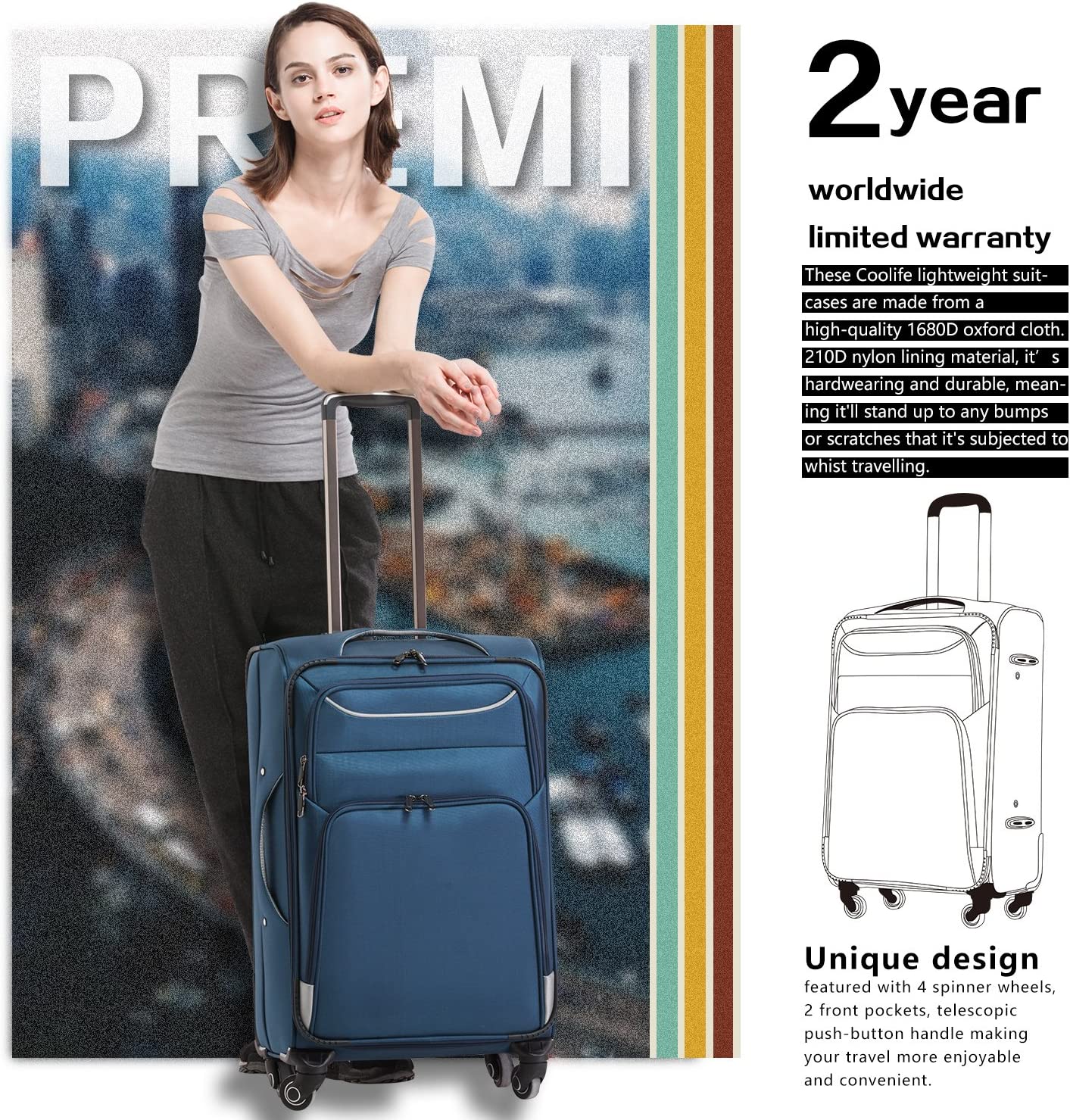 Luggage 3 Piece Set Suitcase Spinner Softshell lightweight