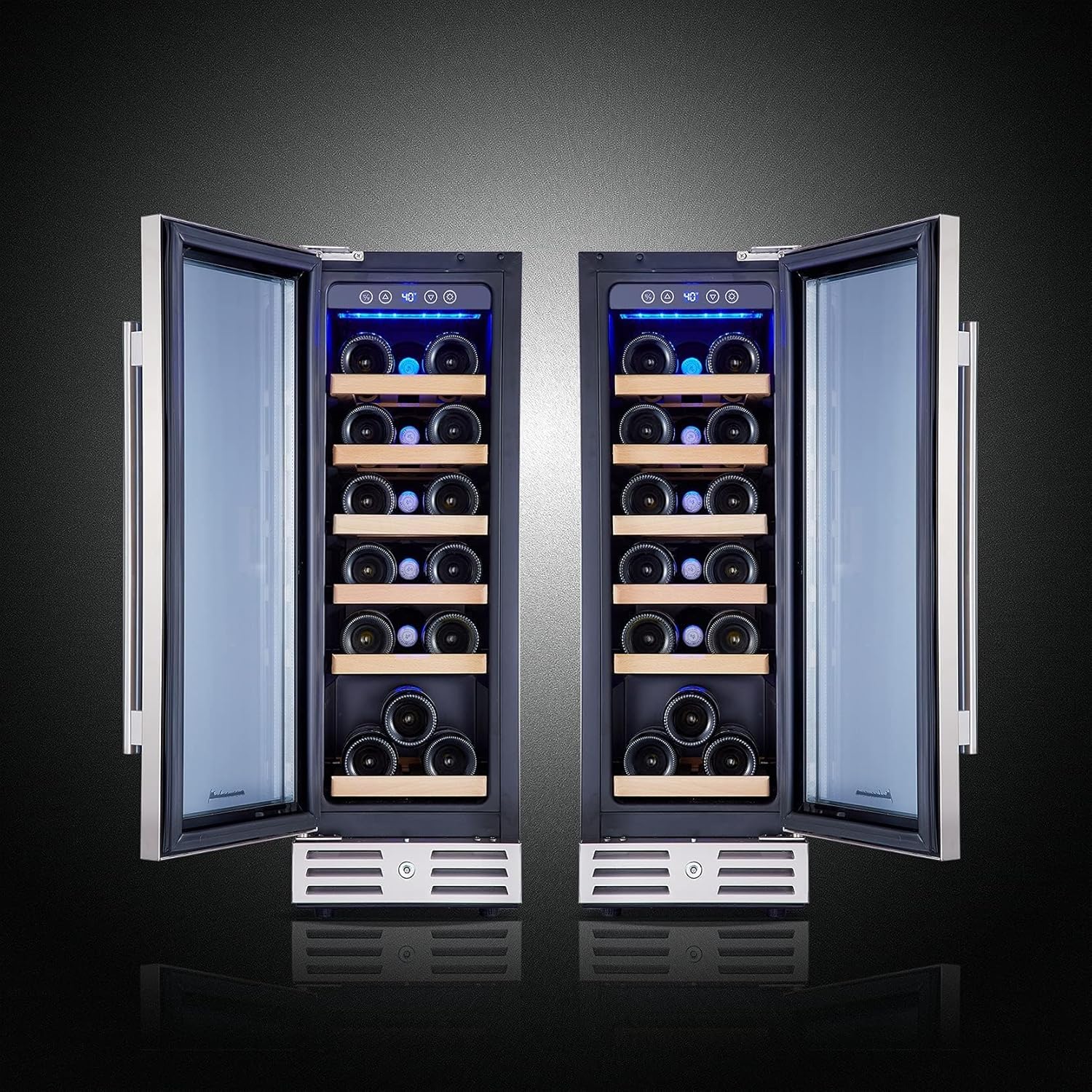 Kalamera 24 inch Wine Cooler, 46 Bottle - Dual Zone Built-in or Freestanding Fridge with Stainless Steel Reversible Glass Door, for Home, Kitchen, or Office.