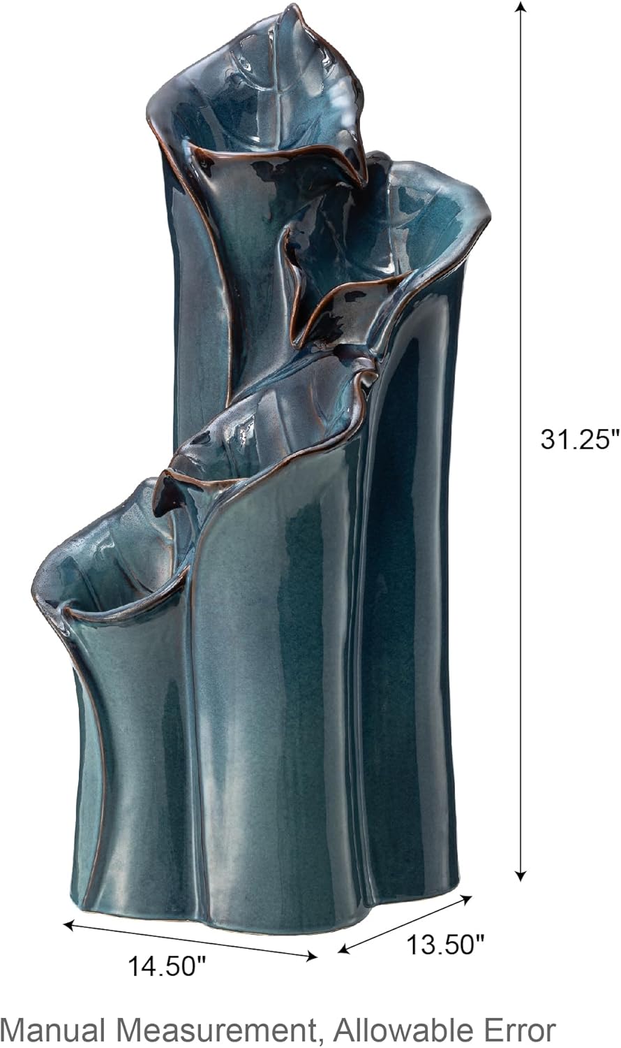 Outdoor Water Fountain with LED Lights and Pump, 4 Tier Dandelion Texture Vase Shaped Ceramic Floor Standing Fountain with Birds for Porch Deck Garden Patio Backyard, Turquoise