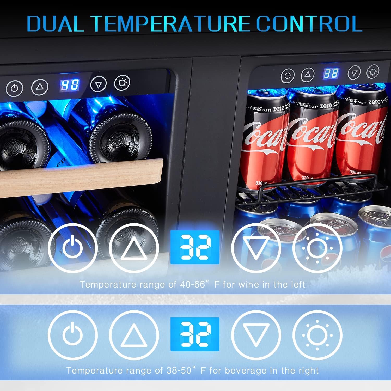 Kalamera 24 inch Wine Cooler, 46 Bottle - Dual Zone Built-in or Freestanding Fridge with Stainless Steel Reversible Glass Door, for Home, Kitchen, or Office.