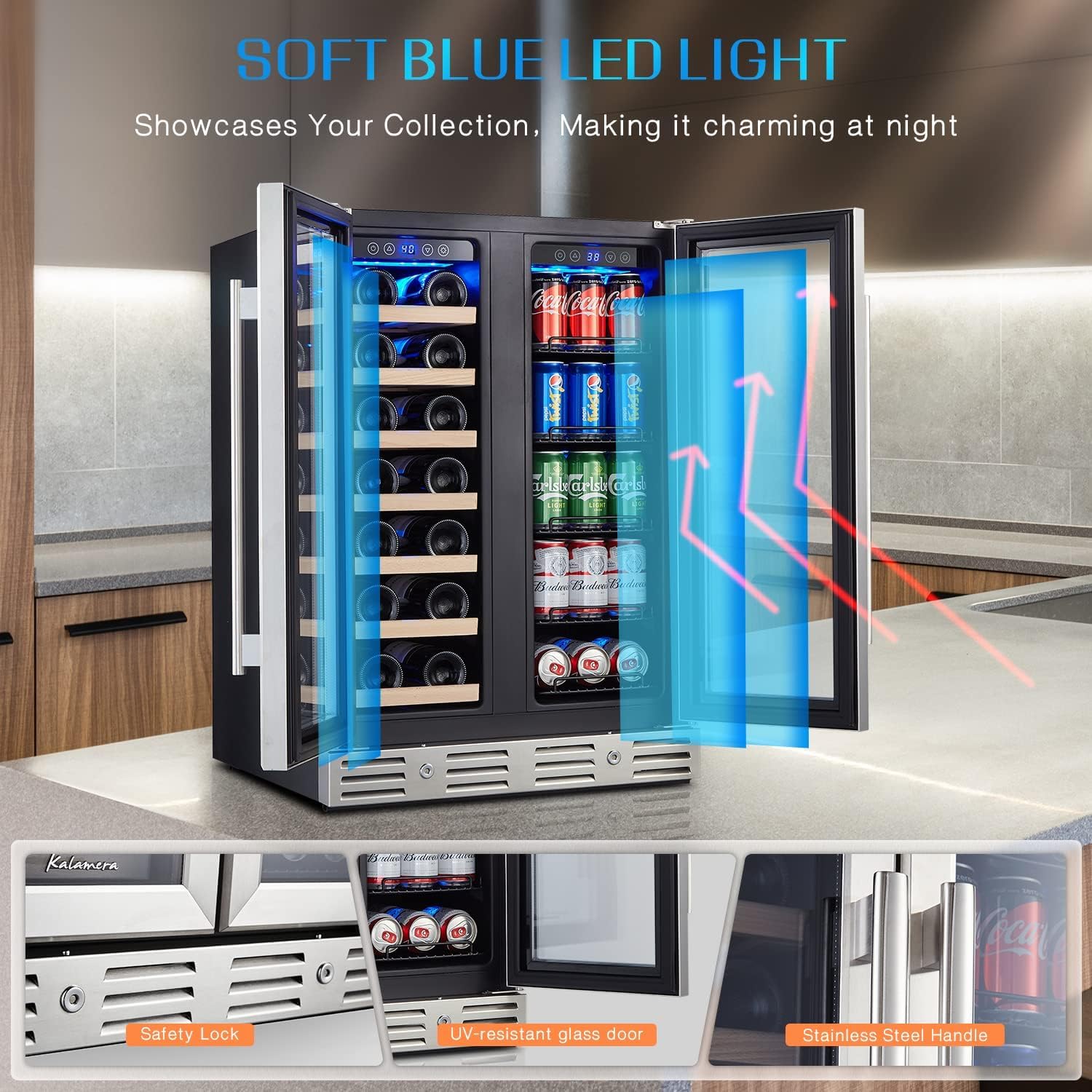Kalamera 24 inch Wine Cooler, 46 Bottle - Dual Zone Built-in or Freestanding Fridge with Stainless Steel Reversible Glass Door, for Home, Kitchen, or Office.