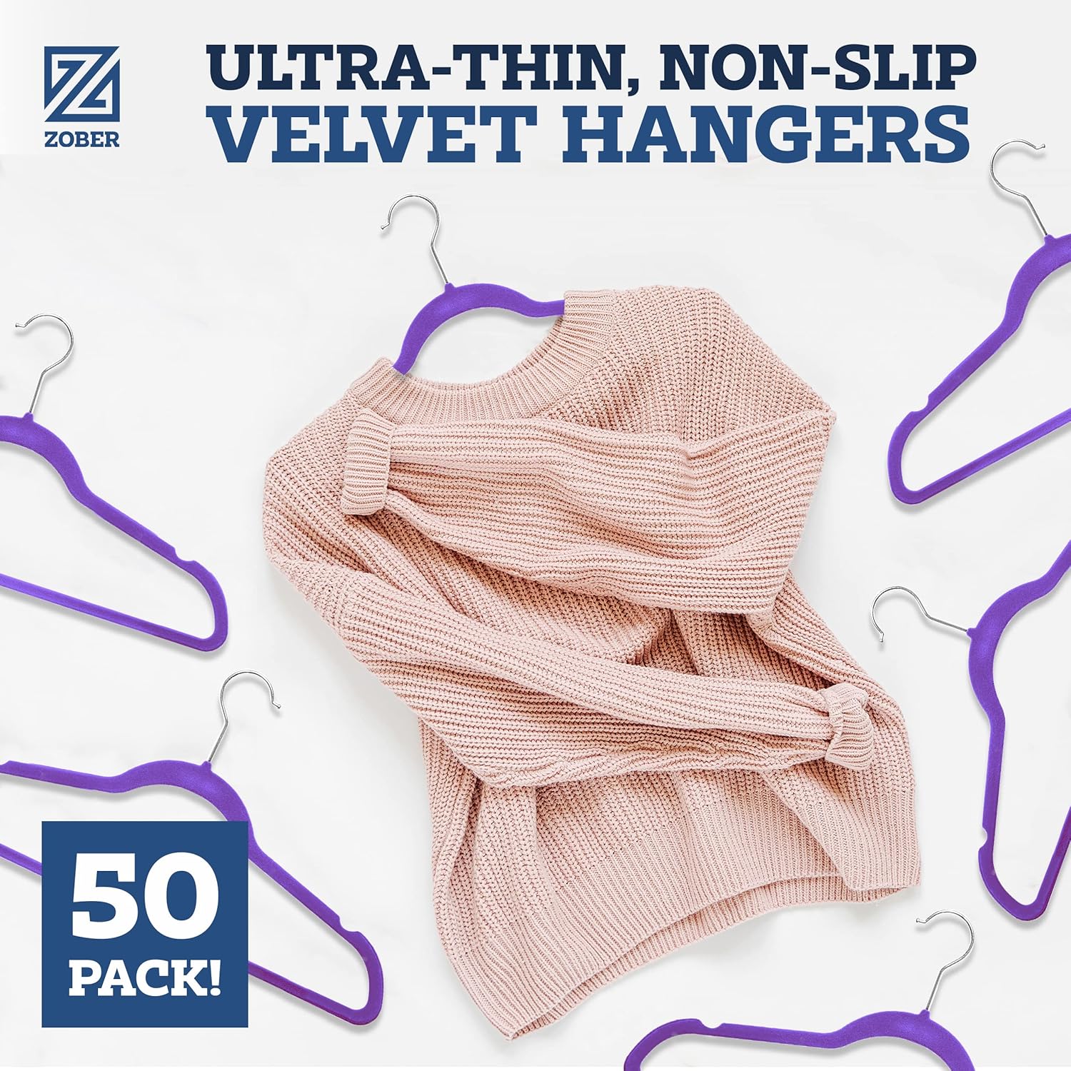 Zober Velvet Hangers 50 Pack - Heavy Duty Black Hangers for Coats, Pants & Dress Clothes - Non Slip Clothes Hanger Set - Space Saving Felt Hangers for Clothing