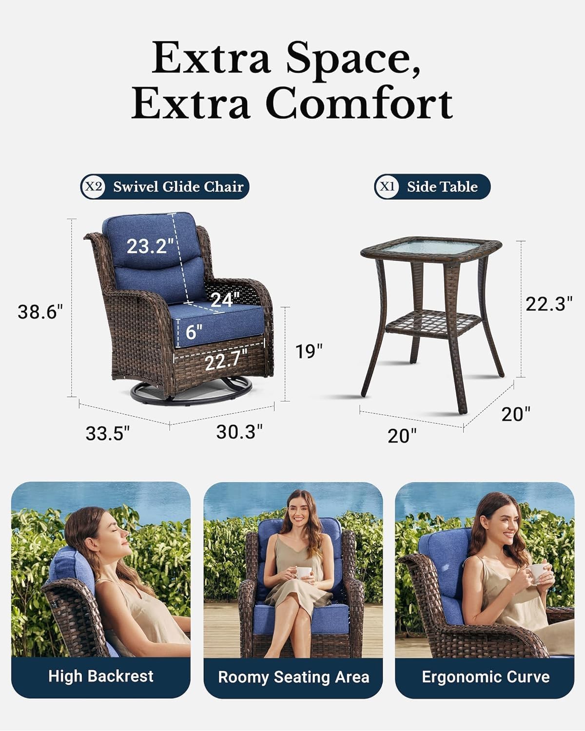 Luxury Outdoor Swivel Rocker Patio Chairs of 2 with 6 Inch Thick Cushions and Side Table, Swivel Outdoor Chairs 3PCS High Back Wicker Patio Furniture Set for Porch, Balcony, Deck in Blue