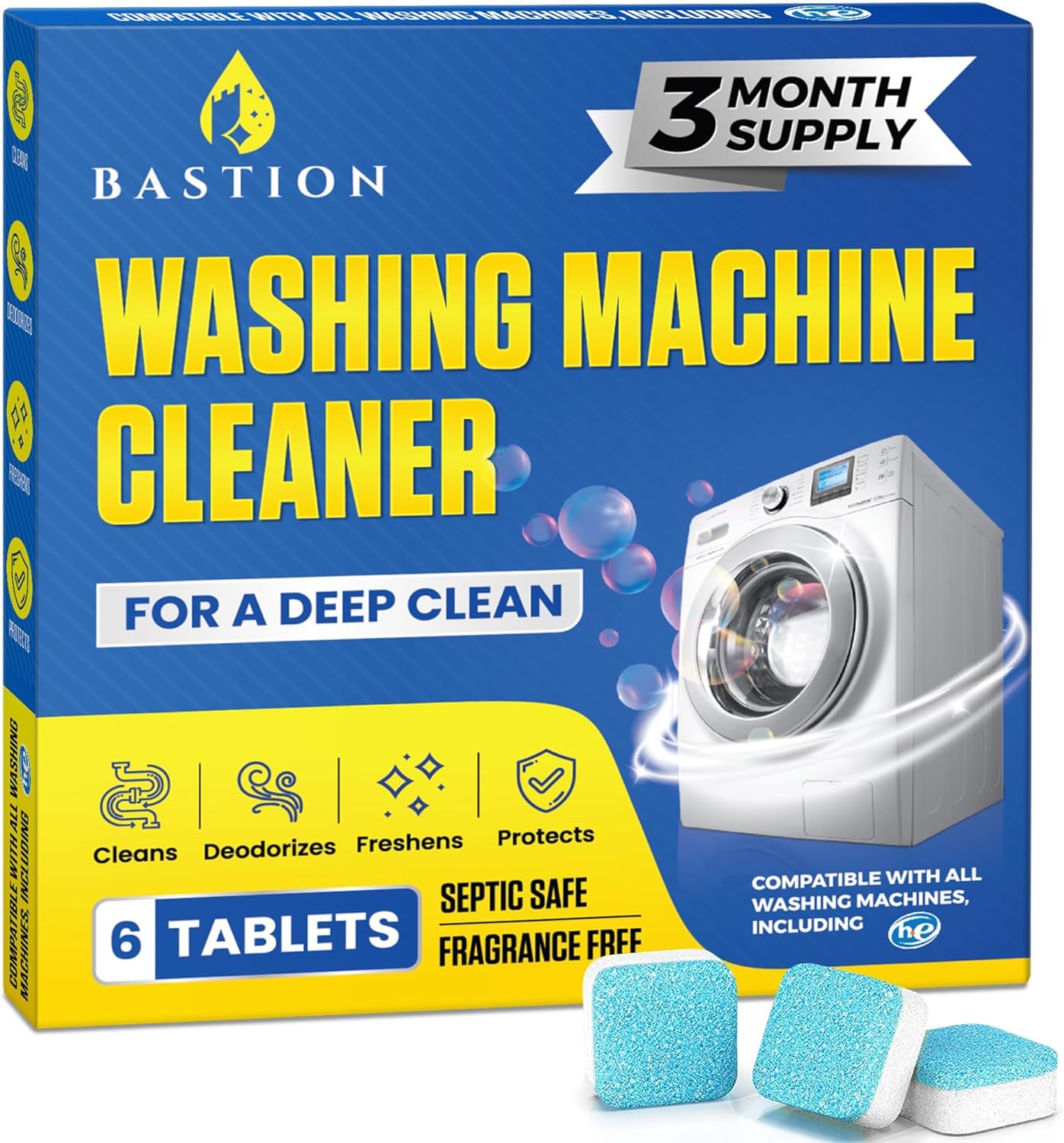 Washing Machine Cleaner Tablets 24 pack Powerful Descaler -Deep Cleaning for HE Front Loader & Top Load Washer Septic Safe Eco-Friendly Deodorizer Clean Drum & Laundry Tub Seal- Year's Supply