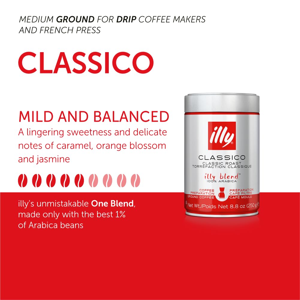 illy Classico Espresso Ground Coffee, Medium Roast, Classic Roast with Notes of Chocolate & Caramel, 100% Arabica Coffee, All-Natural, No Preservatives, 8.8 oz, Ground for Espresso Machines