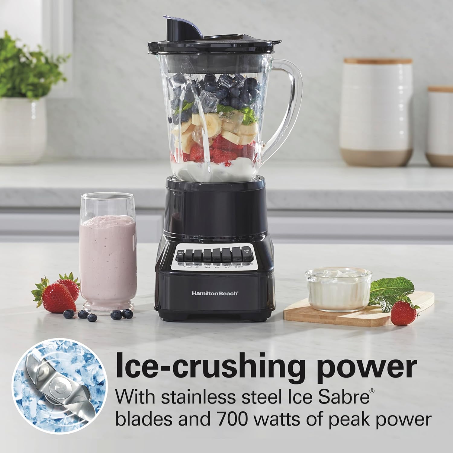 Hamilton Beach Wave Crusher Blender For Shakes and Smoothies With 40 Oz Glass Jar and 14 Functions, Ice Sabre Blades & 700 Watts for Consistently Smooth Results, Black + Stainless Steel (54221)