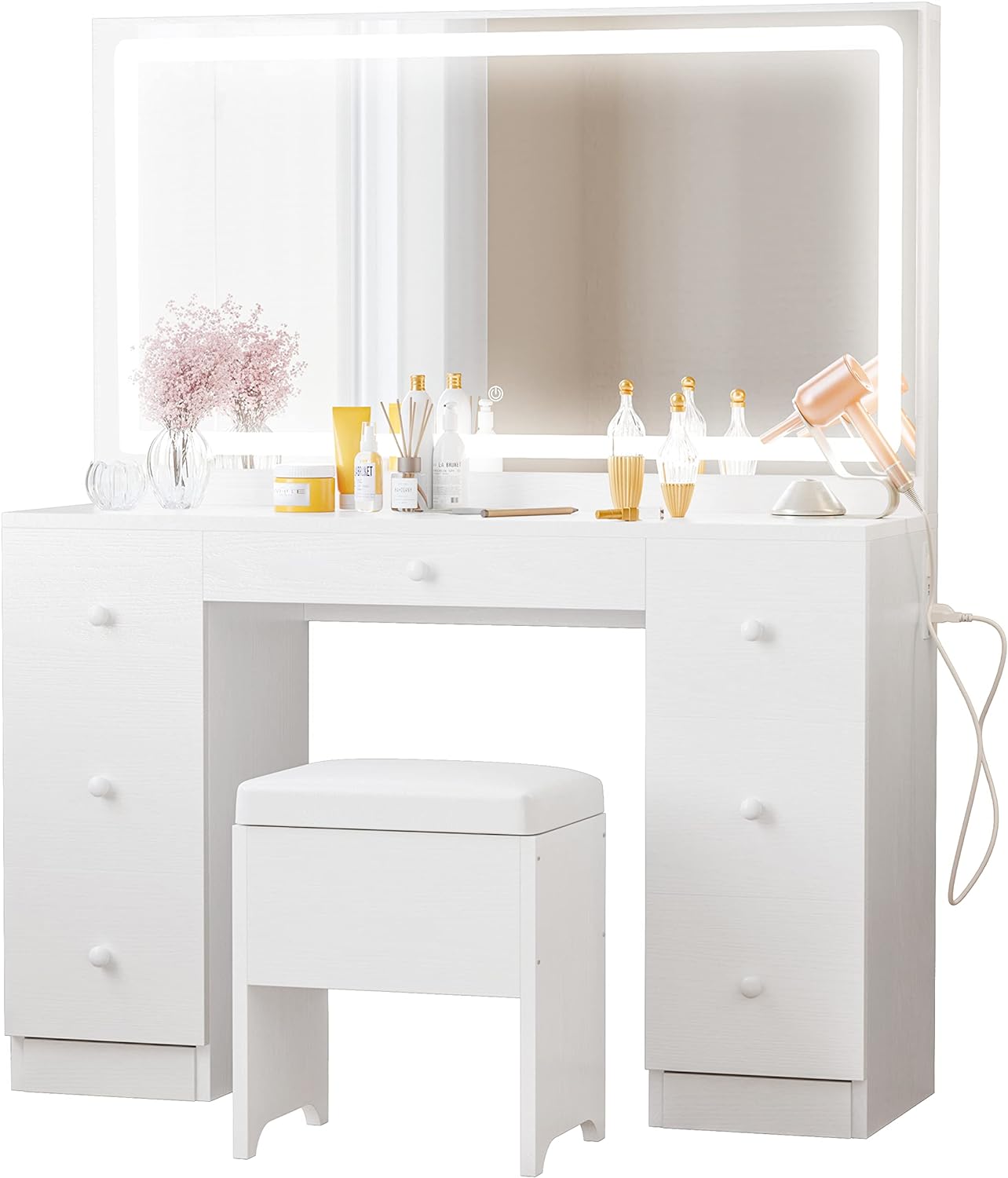 IRONCK Vanity Desk Set with LED Lighted Mirror & Power Outlet, 7 Drawers Makeup Vanities Dressing Table with Stool, for Bedroom, White