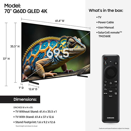 [2025 Best Choice + Free Shipping]SAMSUNG 70-Inch Class QLED 4K Q60D Series Quantum HDR Smart TV w/Object Tracking Sound Lite, Motion Xcelerator, Slim Design, Gaming Hub, Alexa Built-in (QN70Q60D, 2024 Model)