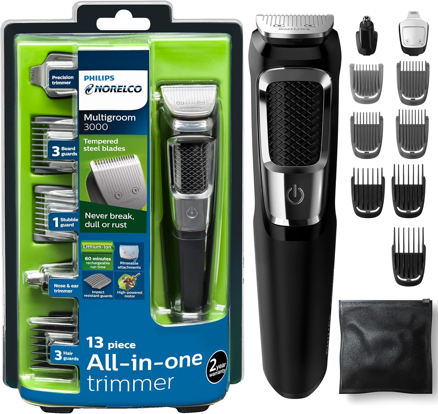 Norelco Philips Multi Groomer All-in-One Trimmer Series 3000-13 Piece Mens Grooming Kit for Beard, Face, Nose, Ear Hair Trimmer and Hair Clipper - NO Blade Oil Needed, MG3740/40