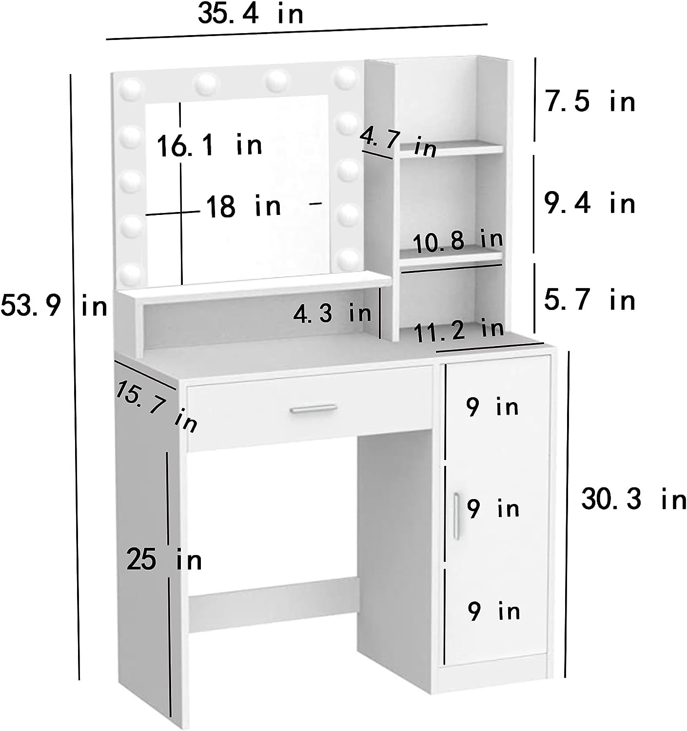 Palimder Vanity Desk with Mirror & Light, Large Drawer & Three Level Storage Dresser, 3 Lighting Modes Adjustable Brightness, Bedroom Dressing Table (White)