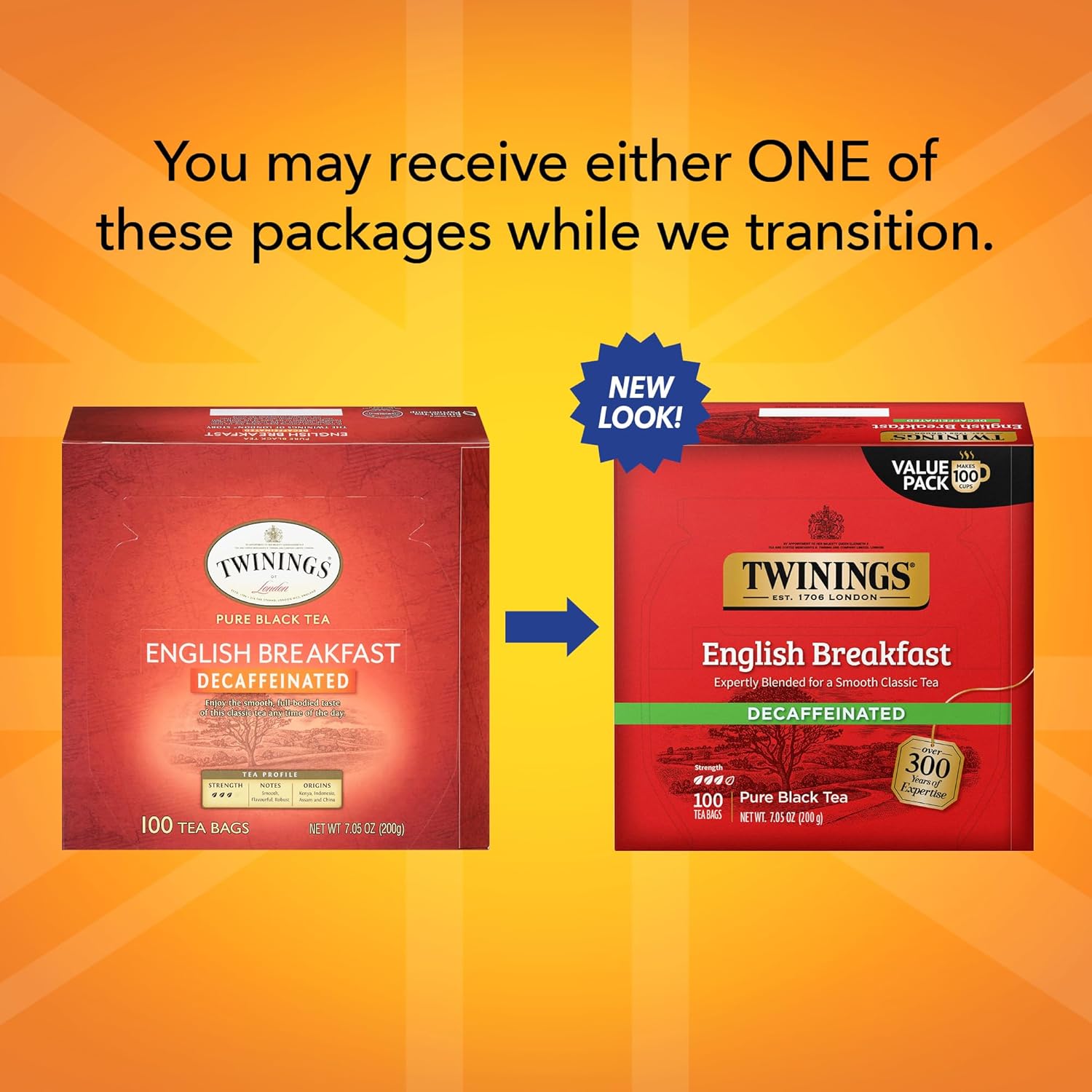 Twinings English Breakfast Black Tea Individually Wrapped Bags, 100 Count (Pack of 1), Smooth, Flavourful, and Robust, Caffeinated, Enjoy Hot or Iced | Packaging May Vary