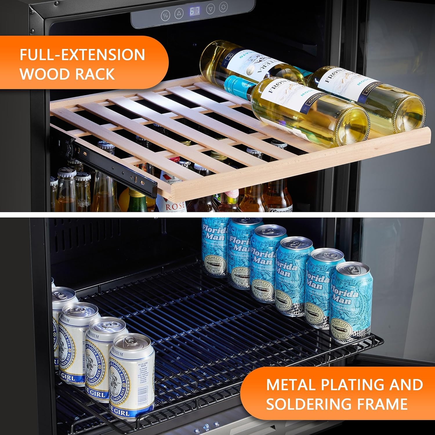 Kalamera 24 inch Wine Cooler, 46 Bottle - Dual Zone Built-in or Freestanding Fridge with Stainless Steel Reversible Glass Door, for Home, Kitchen, or Office.