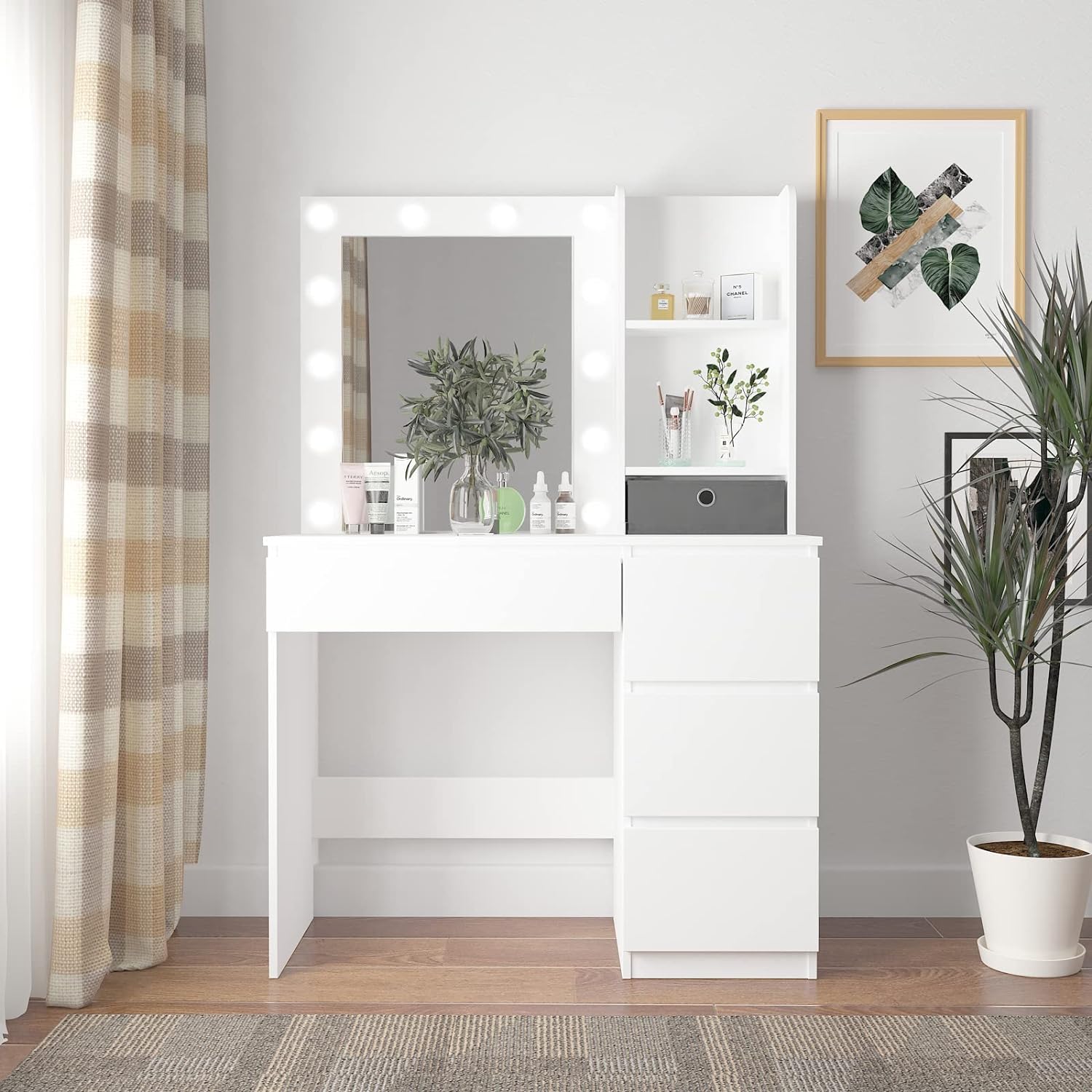 Vabches Makeup Vanity with Lights, 37inch Vanity Desk, 4 Large Drawers Dresser with Lighted Mirror, 3 Lighting Modes Brightness Adjustable