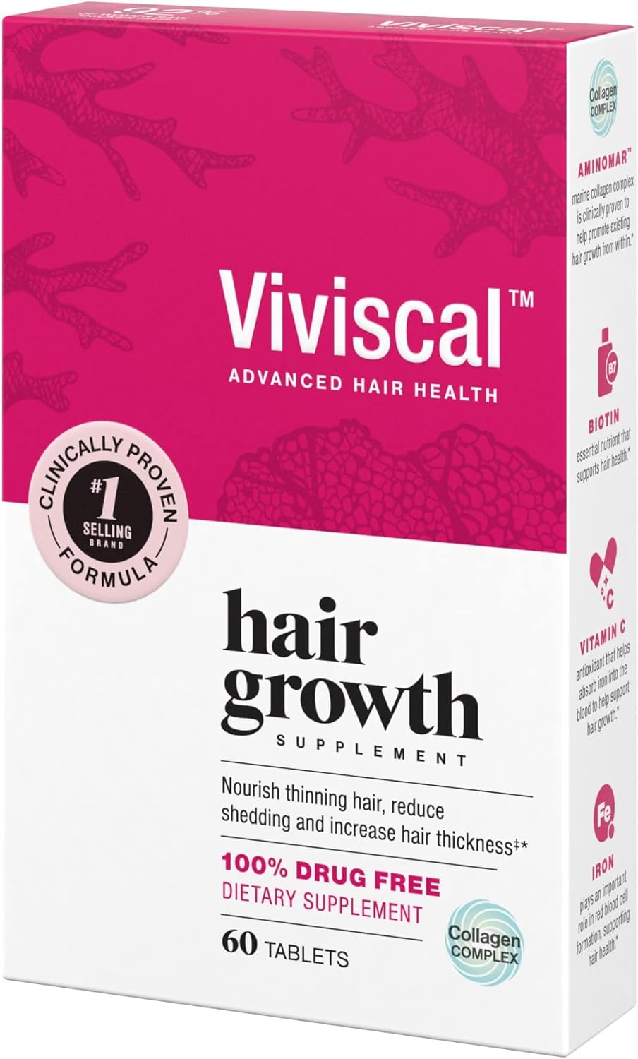 Viviscal Hair Growth Supplements for Women to Grow Thicker, Fuller Hair, Clinically Proven with Proprietary Collagen Complex, 60 Count (Pack of 1), 1 Month Supply