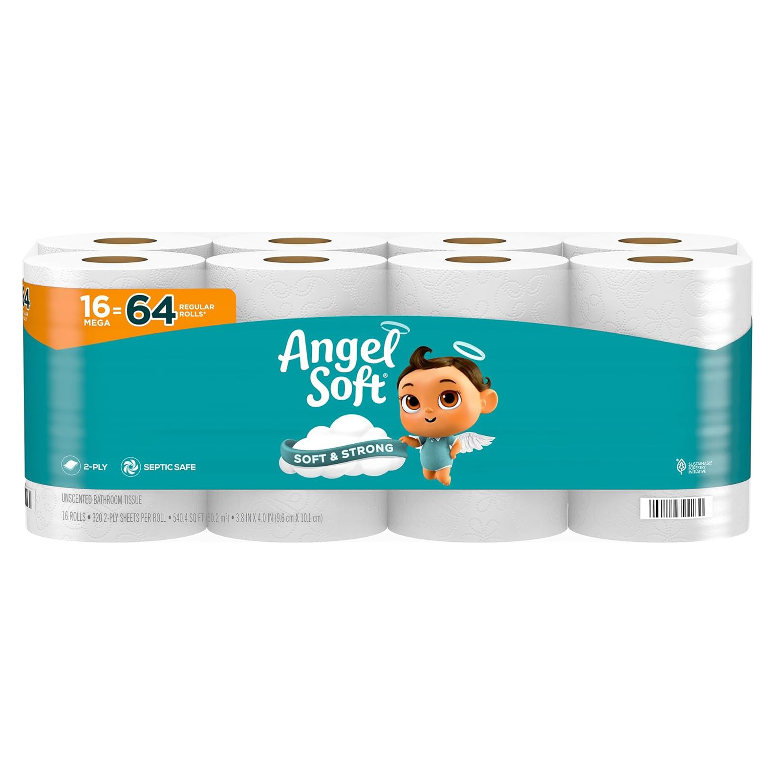 Angel Soft Toilet Paper, 16 Mega Rolls = 64 Regular Rolls, Soft and Strong Toilet Tissue