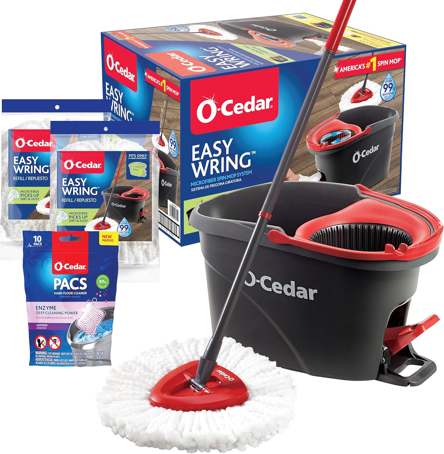 O-Cedar EasyWring Microfiber Spin Mop & Bucket Floor Cleaning System + 2 Extra Refills, Red/Gray