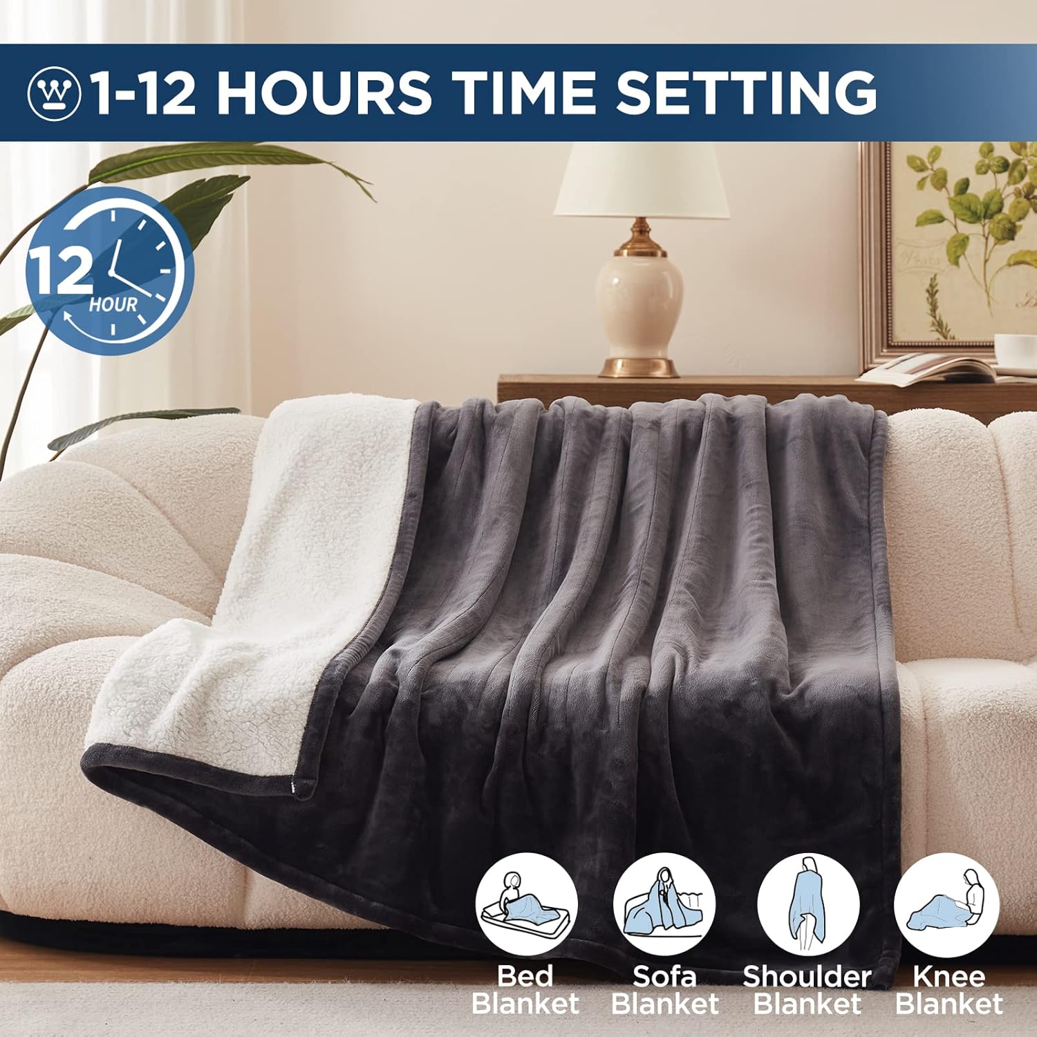 Westinghouse Heated Throw Blanket, Electric Blanket Throw with 6 Heating Levels and 2-10 Hours Time Settings, Flannel to Sherpa Super Cozy Heated Blanket Machine Washable, 50x60 inch, Charcoal