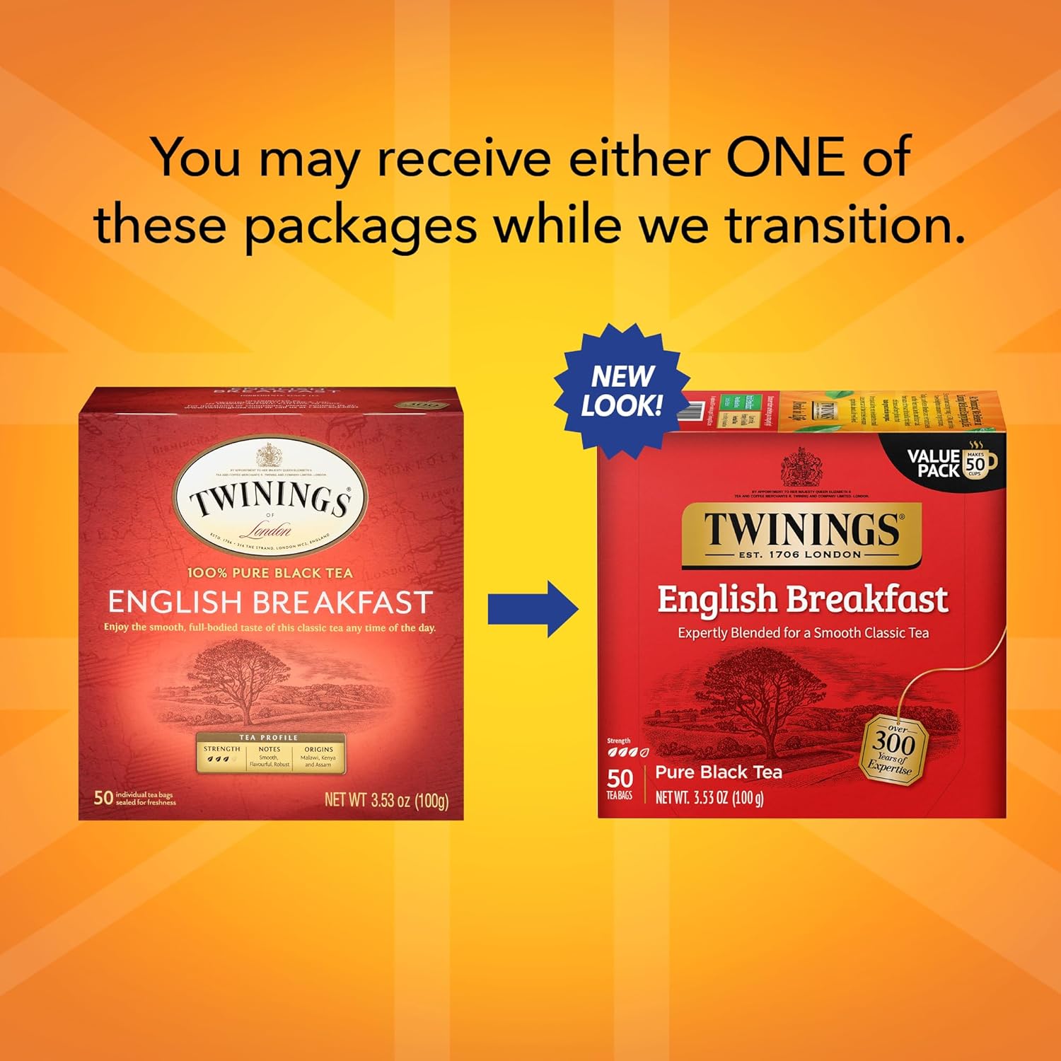 Twinings English Breakfast Black Tea Individually Wrapped Bags, 100 Count (Pack of 1), Smooth, Flavourful, and Robust, Caffeinated, Enjoy Hot or Iced | Packaging May Vary