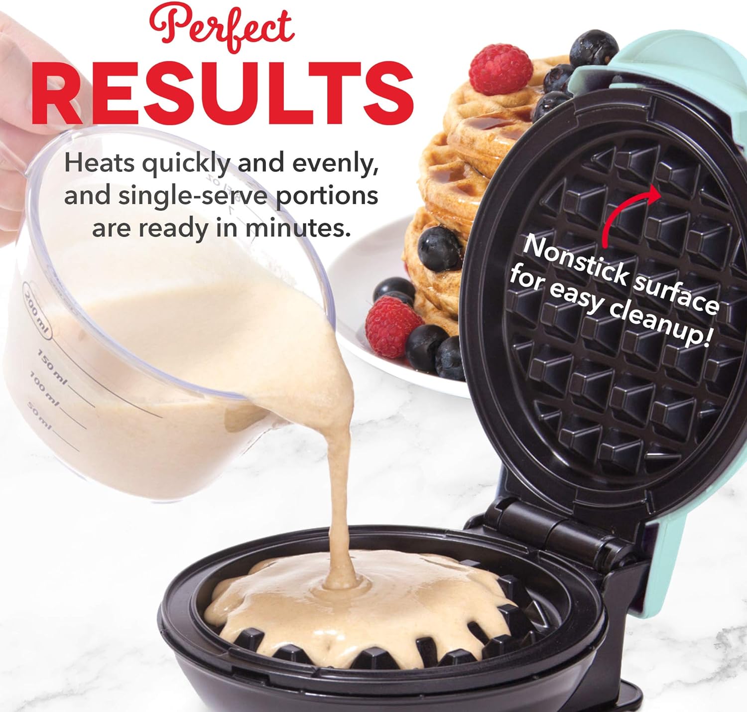 DASH No-Drip Waffle Maker - Four Waffle Molds, Nonstick Waffle Iron with Quick Heat-Up, Nonstick Surface - Perfect Waffle Maker for Kids and Families, Just Add Batter