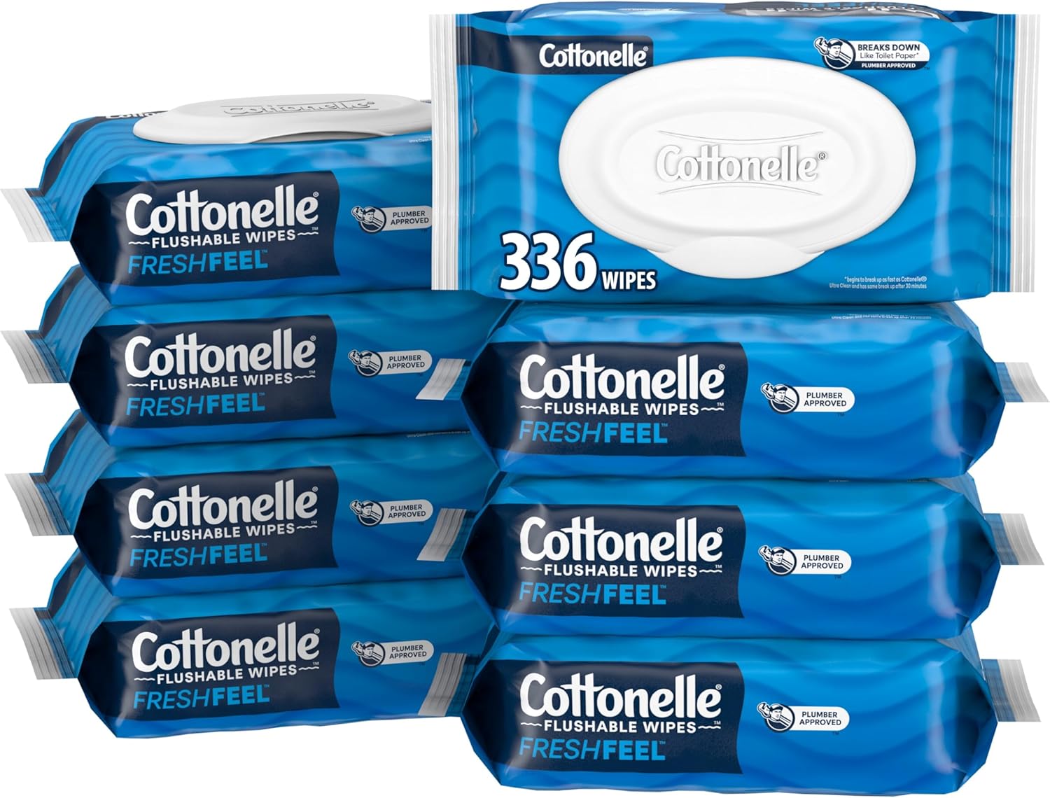 Cottonelle Fresh Feel Flushable Wet Wipes, Adult Wet Wipes, 8 Flip-Top Packs, 42 Wipes Per Pack (336 Total Wipes), Packaging May Vary