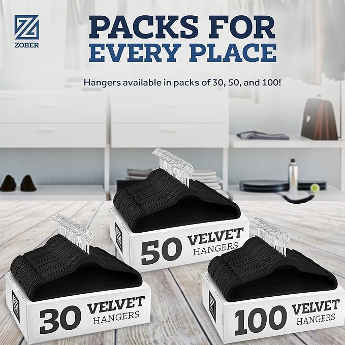 Zober Velvet Hangers 50 Pack - Heavy Duty Black Hangers for Coats, Pants & Dress Clothes - Non Slip Clothes Hanger Set - Space Saving Felt Hangers for Clothing