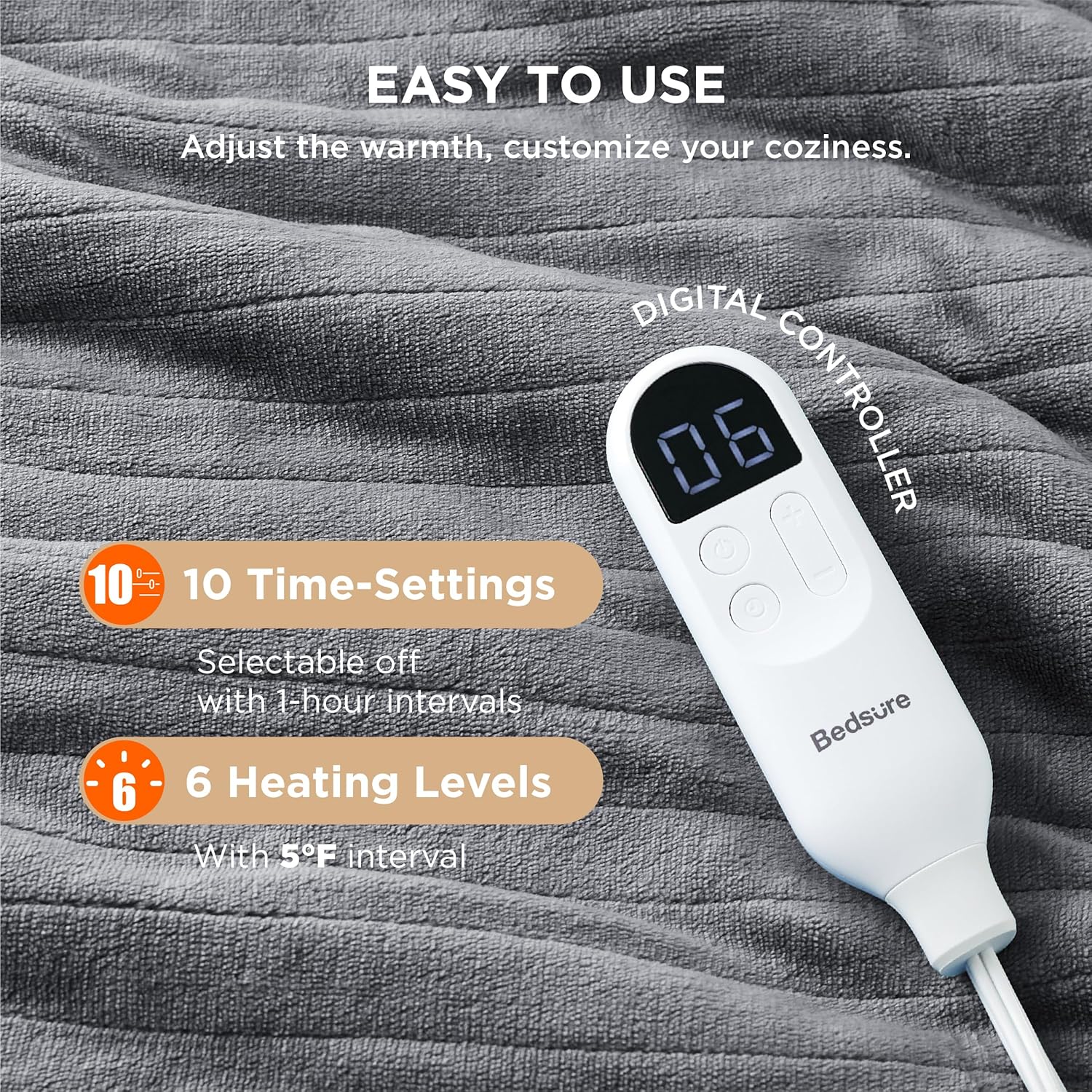 Bedsure Heated Blanket Electric Throw - Soft Flannel Electric Blanket, Heating Blanket with 4 Time Settings & 6 Heat Settings, Warm Blanket Gift for Grandma (50x60 inches, Grey)
