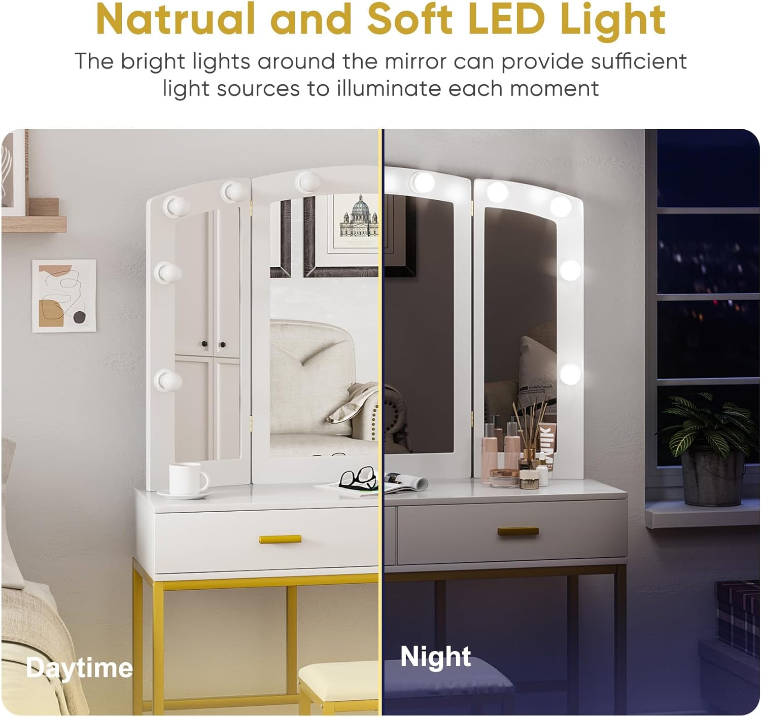 Semiocthome Vanity Desk with Mirror and Lights, Tri-Fold Large Mirror Makeup Vanity Desk with Lights, 60