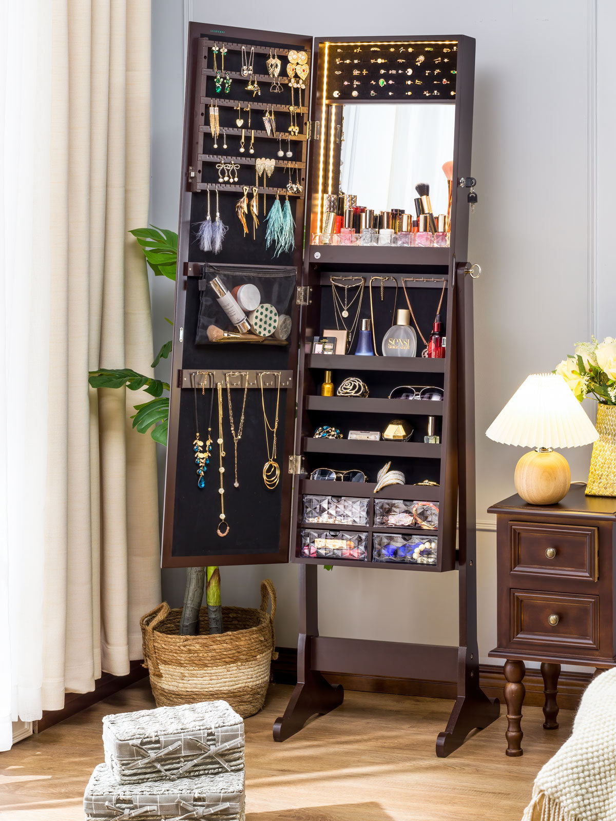Stella 6 Standing Jewelry Armoire Full Length Mirror With Built-in Lights - Espresso