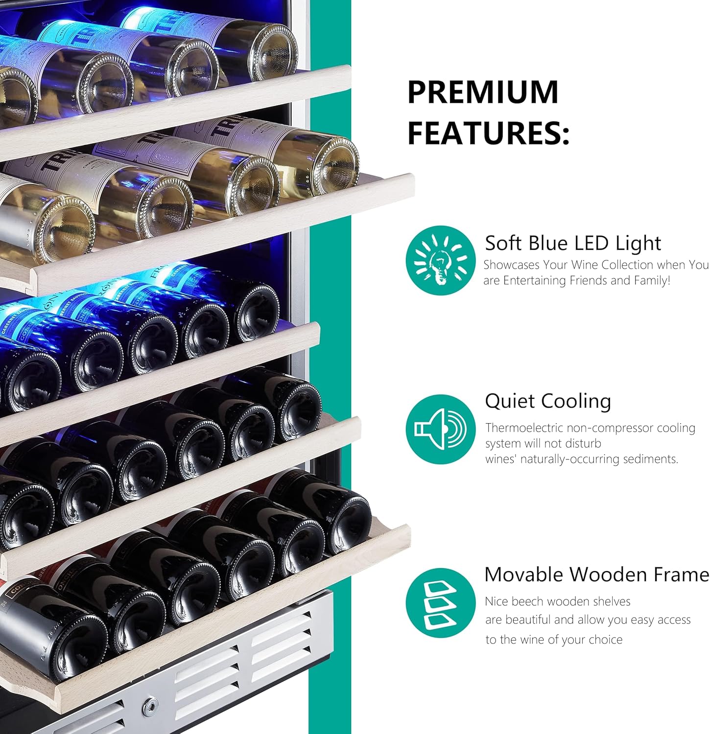 Kalamera 24 inch Wine Cooler, 46 Bottle - Dual Zone Built-in or Freestanding Fridge with Stainless Steel Reversible Glass Door, for Home, Kitchen, or Office.
