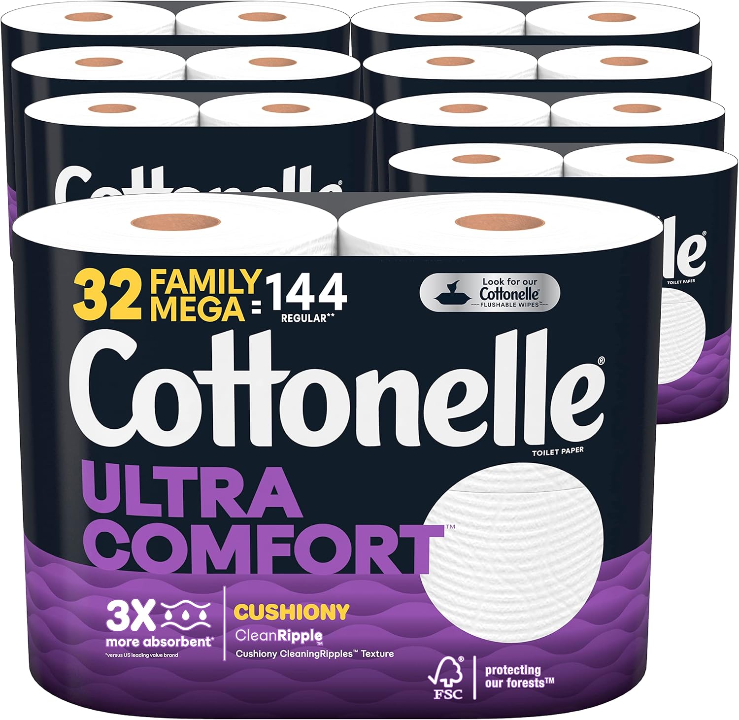 Cottonelle Ultra Comfort Toilet Paper with Cushiony CleaningRipples Texture, 24 Family Mega Rolls (24 Family Mega Rolls = 108 Regular Rolls) (4 Packs of 6), 296 Sheets per Roll, Packaging May Vary