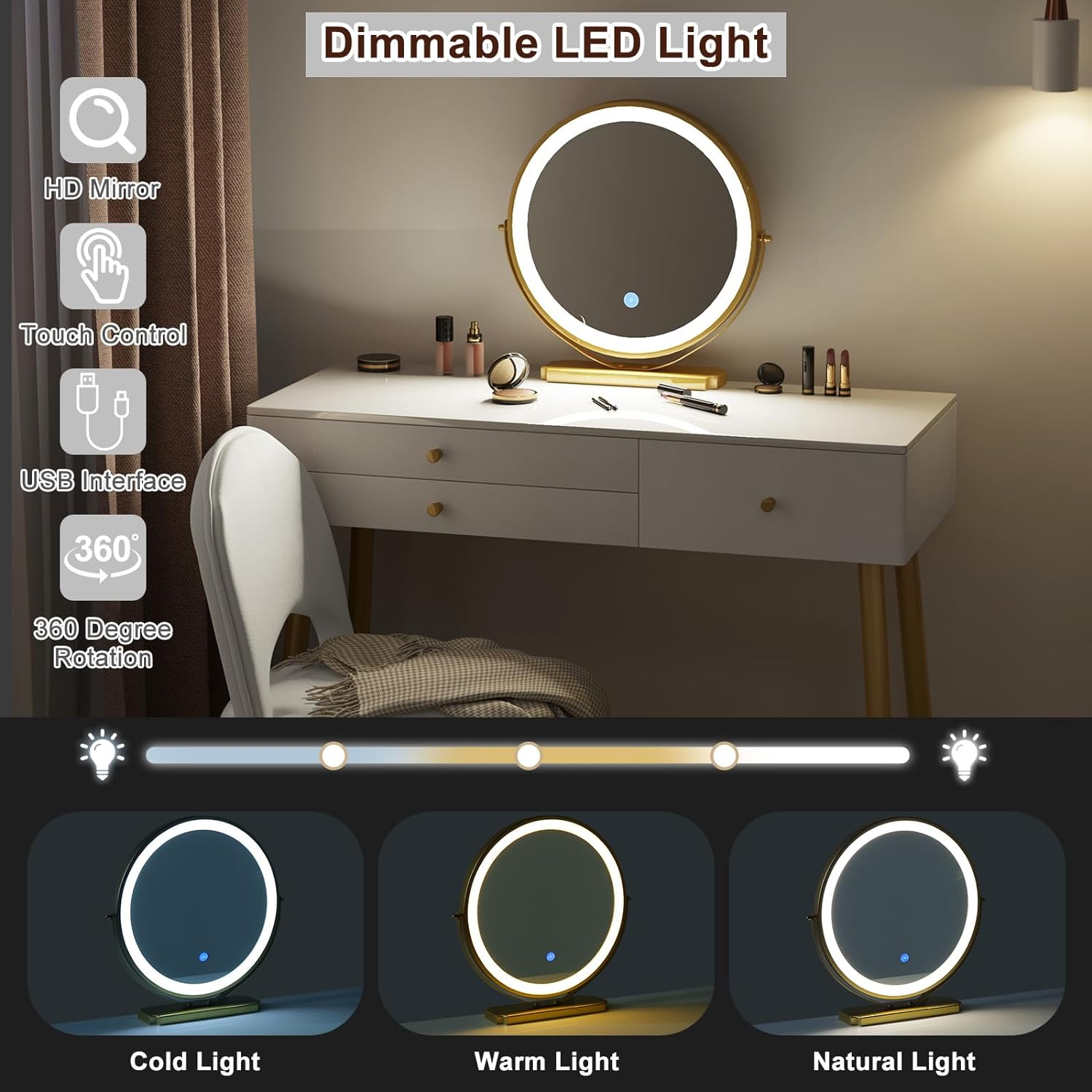 WOLTU MB6105ws Dressing Table with Lighting and Chair, 3 Colours with Adjustable Brightness, Dressing Table with 3 Solid Wood Drawers, Large Table Top 100 x 40 cm, White + Gold