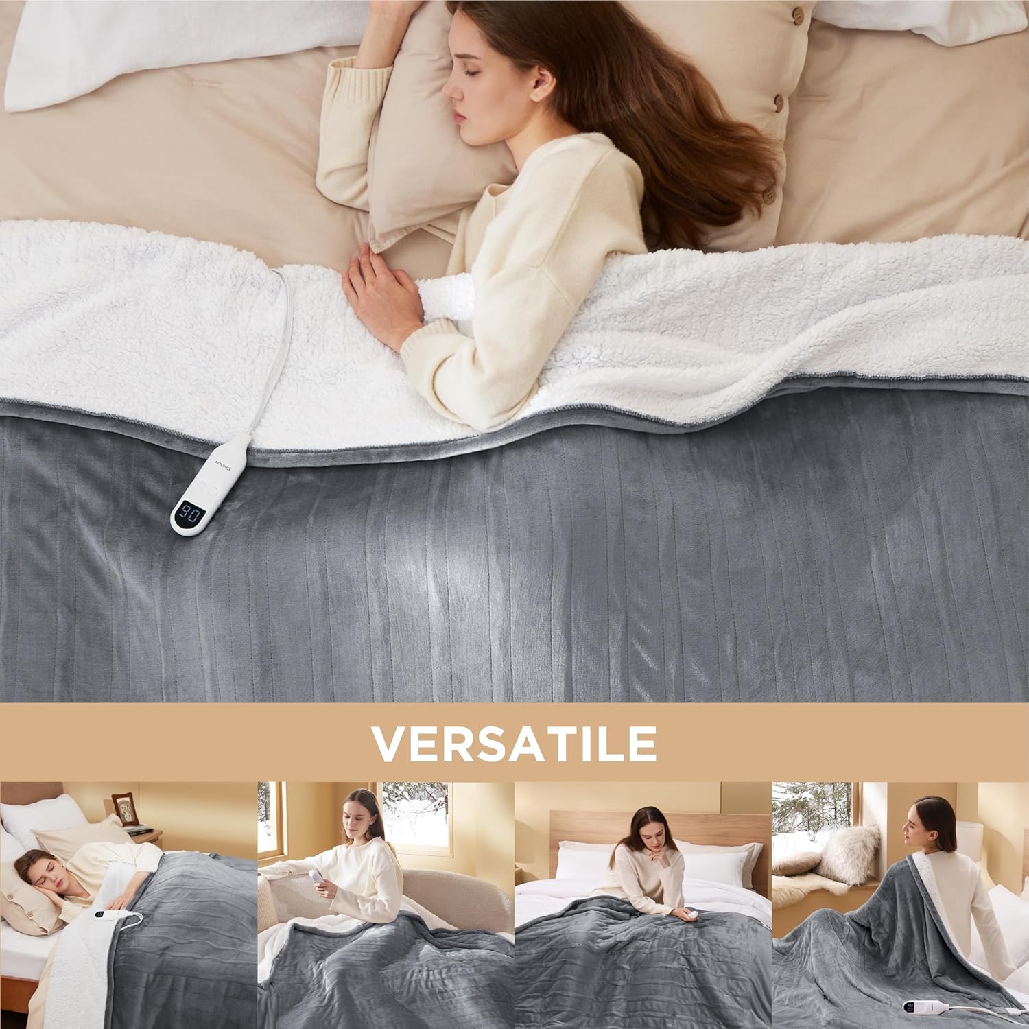 Bedsure Heated Blanket Electric Throw - Soft Flannel Electric Blanket, Heating Blanket with 4 Time Settings & 6 Heat Settings, Warm Blanket Gift for Grandma (50x60 inches, Grey)