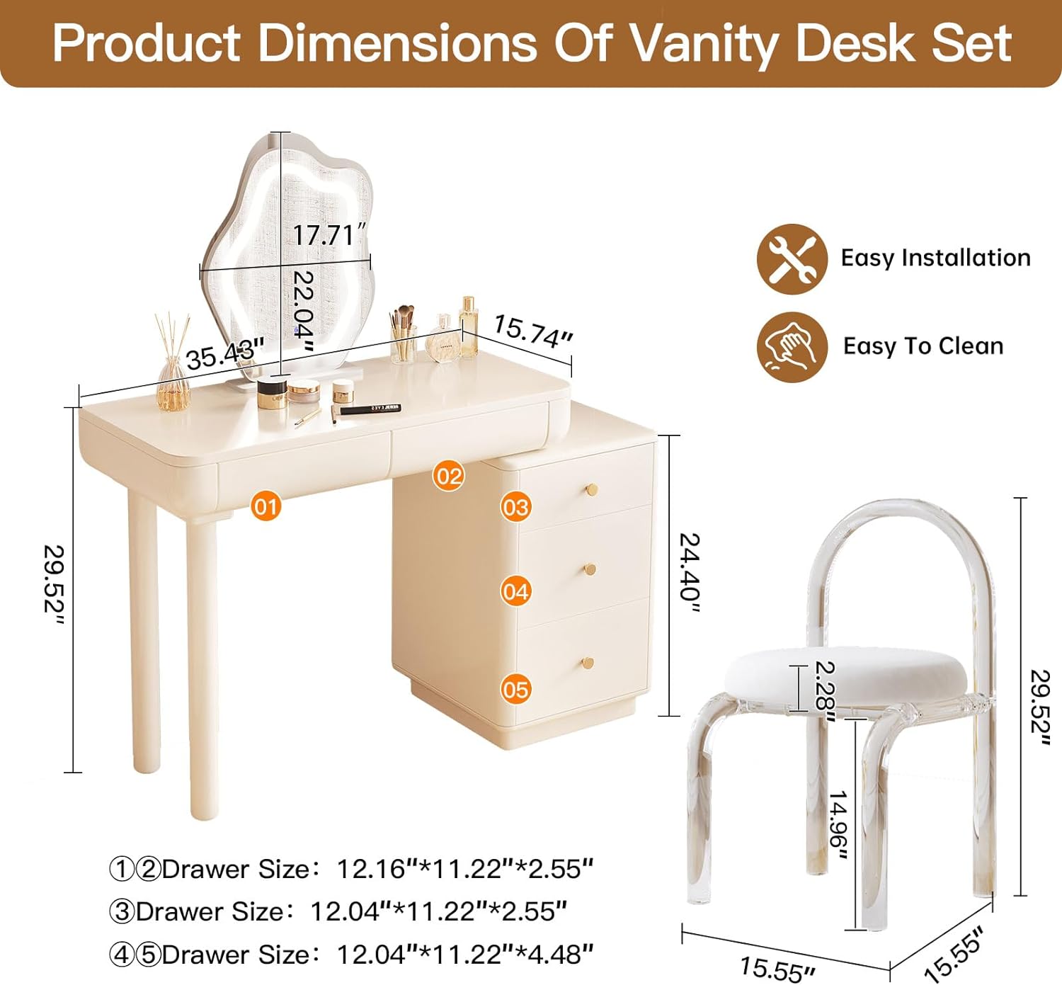 GraceNook White Makeup Vanity Desk, Vanity Desk with Lighted Mirror, 3 Lighting Modes Brightness Adjustable, Hidden Sliding Length, Bedroom White Vanity Table Set with 3 Drawers Separate Cabinets