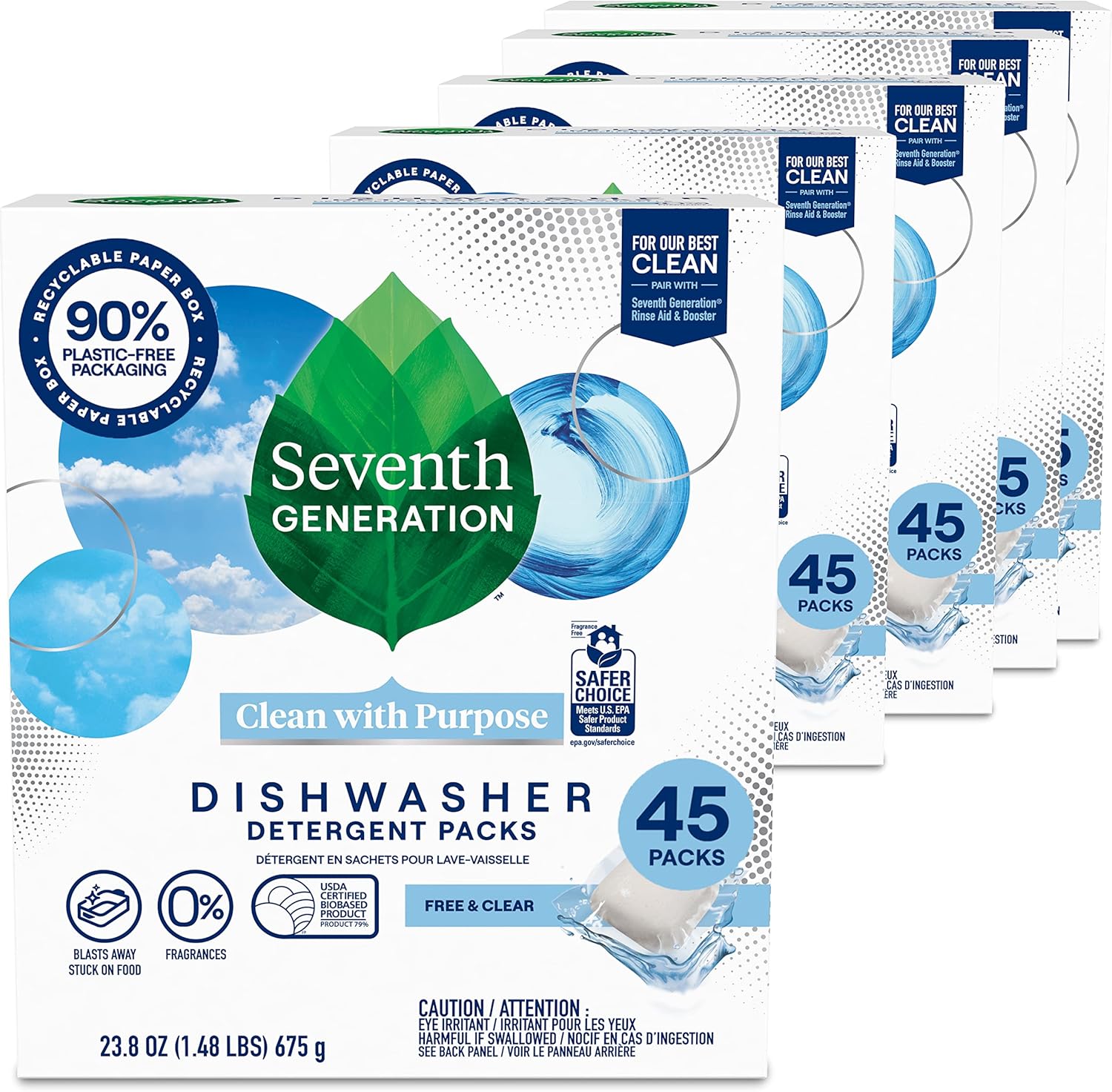 Seventh Generation Dishwasher Detergent Packs Free & Clear Pack of 2 for sparkling dishes Dishwasher tabs 45 count