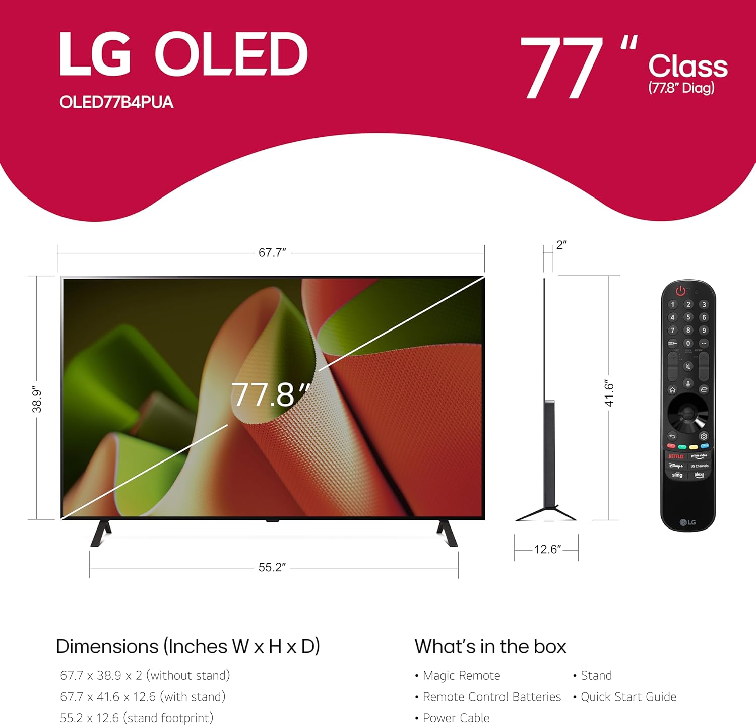 LG 77-Inch Class OLED B4 Series Smart TV 4K Processor Flat Screen with Magic Remote AI-Powered with Alexa Built-in (OLED77B4PUA, 2024)