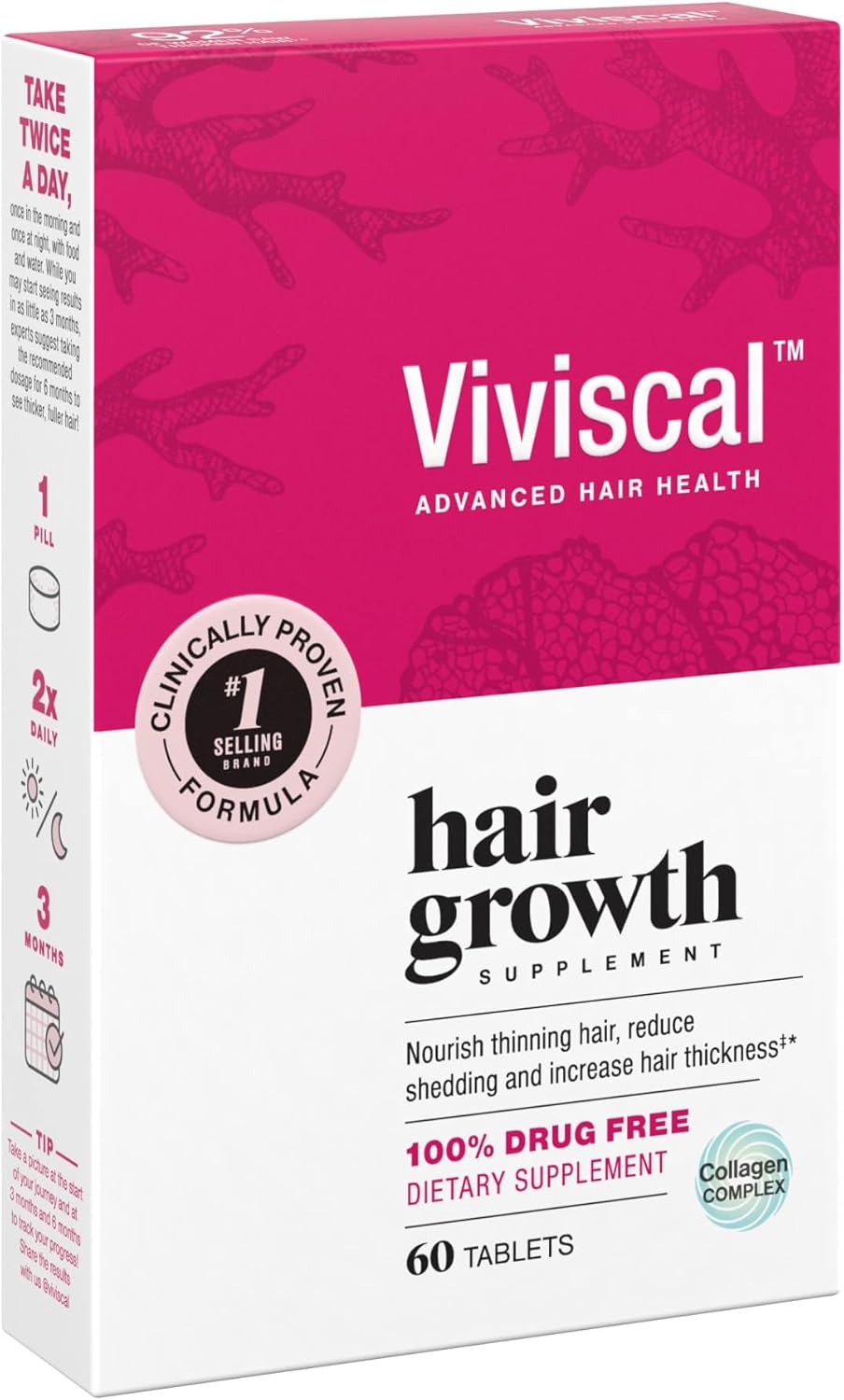 Viviscal Hair Growth Supplements for Women to Grow Thicker, Fuller Hair, Clinically Proven with Proprietary Collagen Complex, 60 Count (Pack of 1), 1 Month Supply