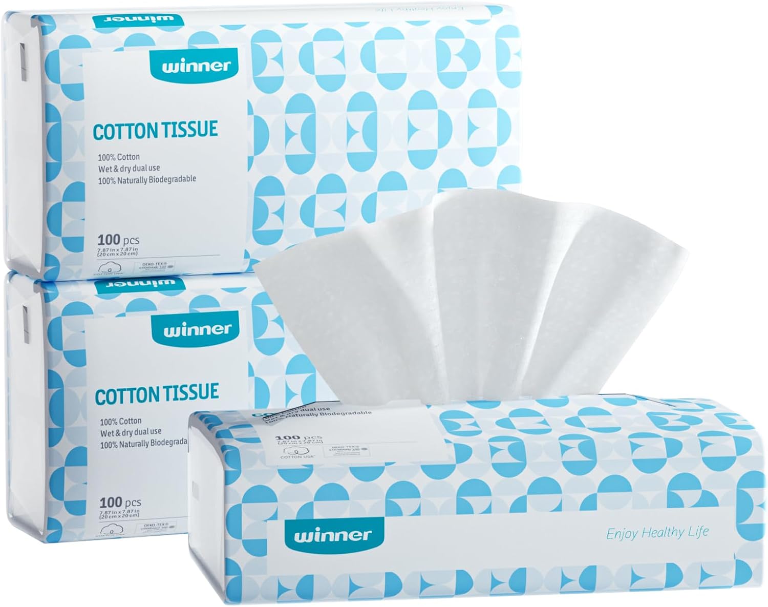 Winner Soft Face Towels - 100% USA Cotton Dry Wipes, 600 Count Unscented Cotton Tissues for Sensitive Skin, OEKO-TEX Certified Face Towelettes Disposable, Makeup Remover Facial Towels, 6 Pack