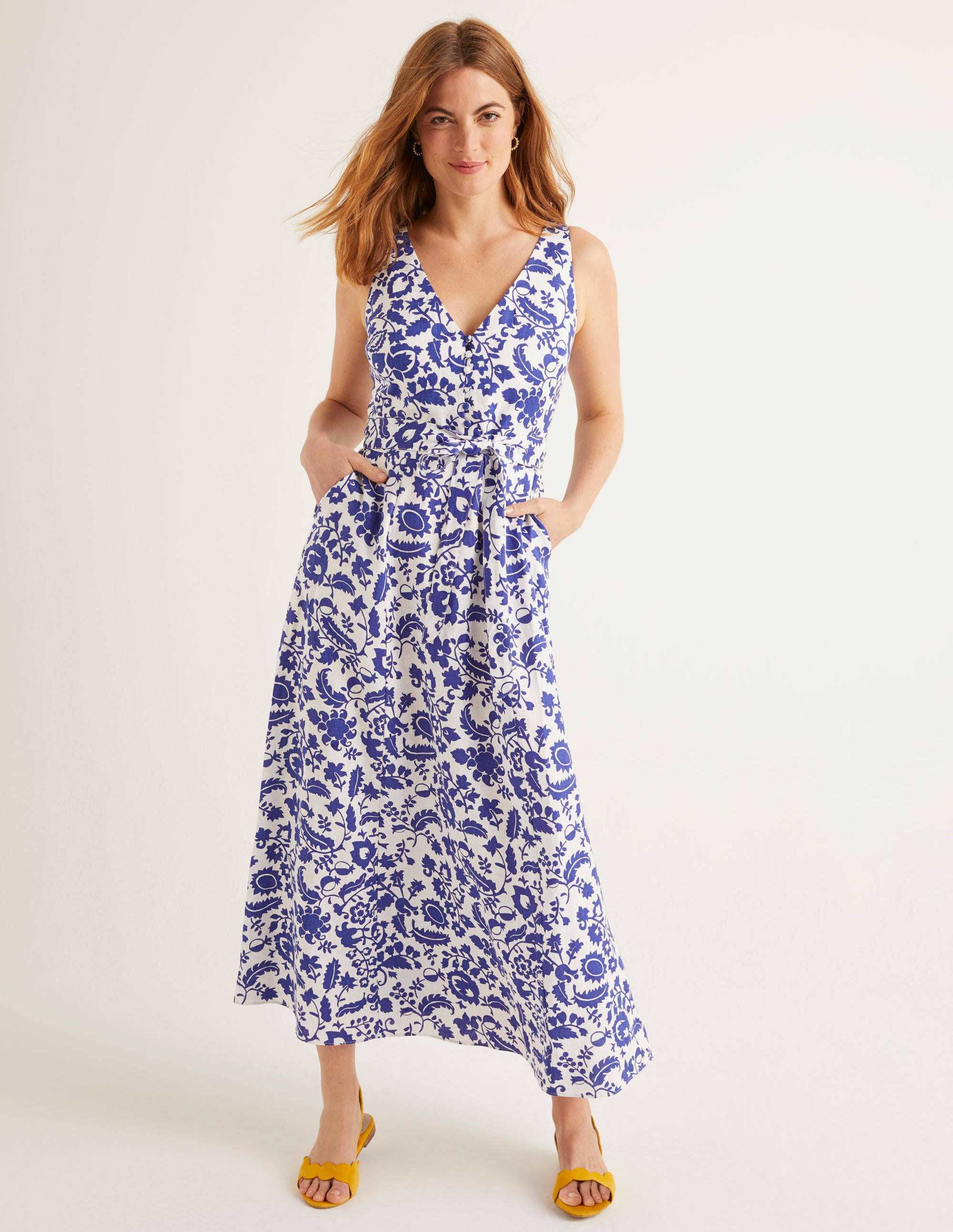 Boden Livia Linen Maxi Dress - Blue, Tropical Retreat