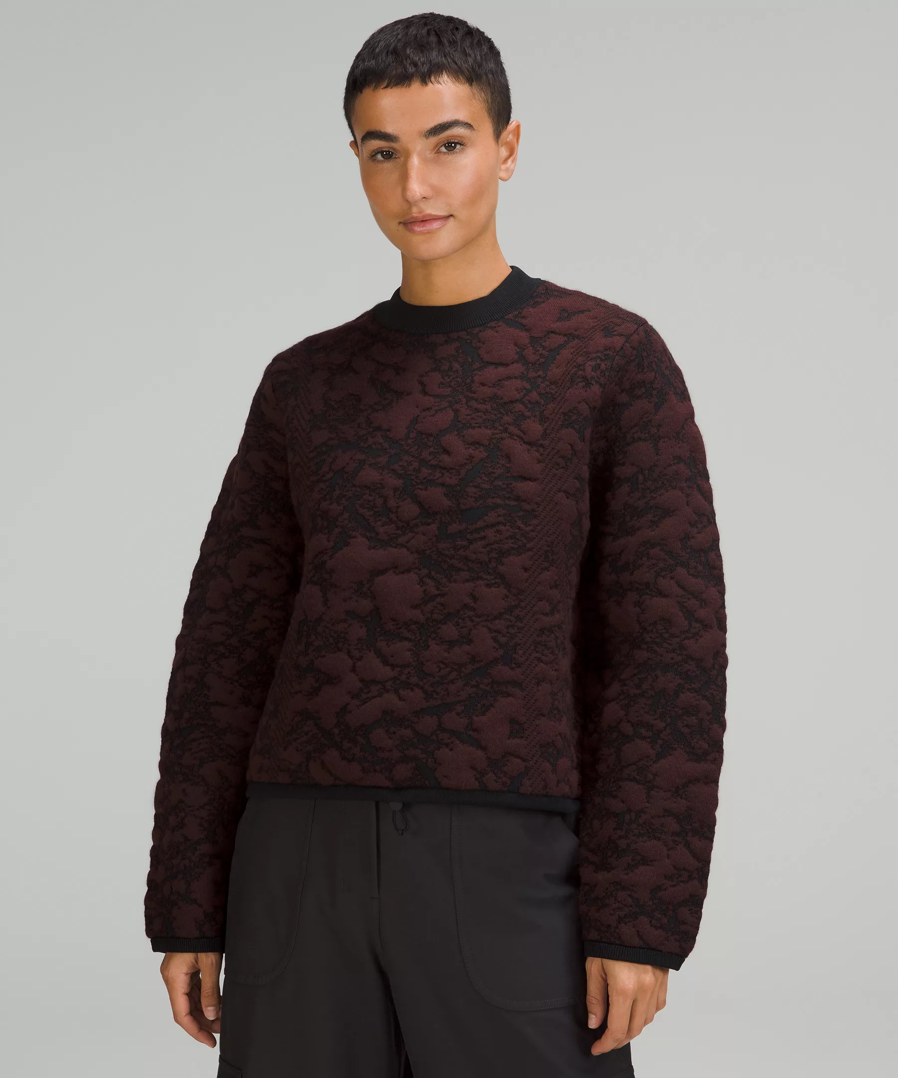 Jacquard Multi-Texture Crew Neck Sweater Red Merlot/Black