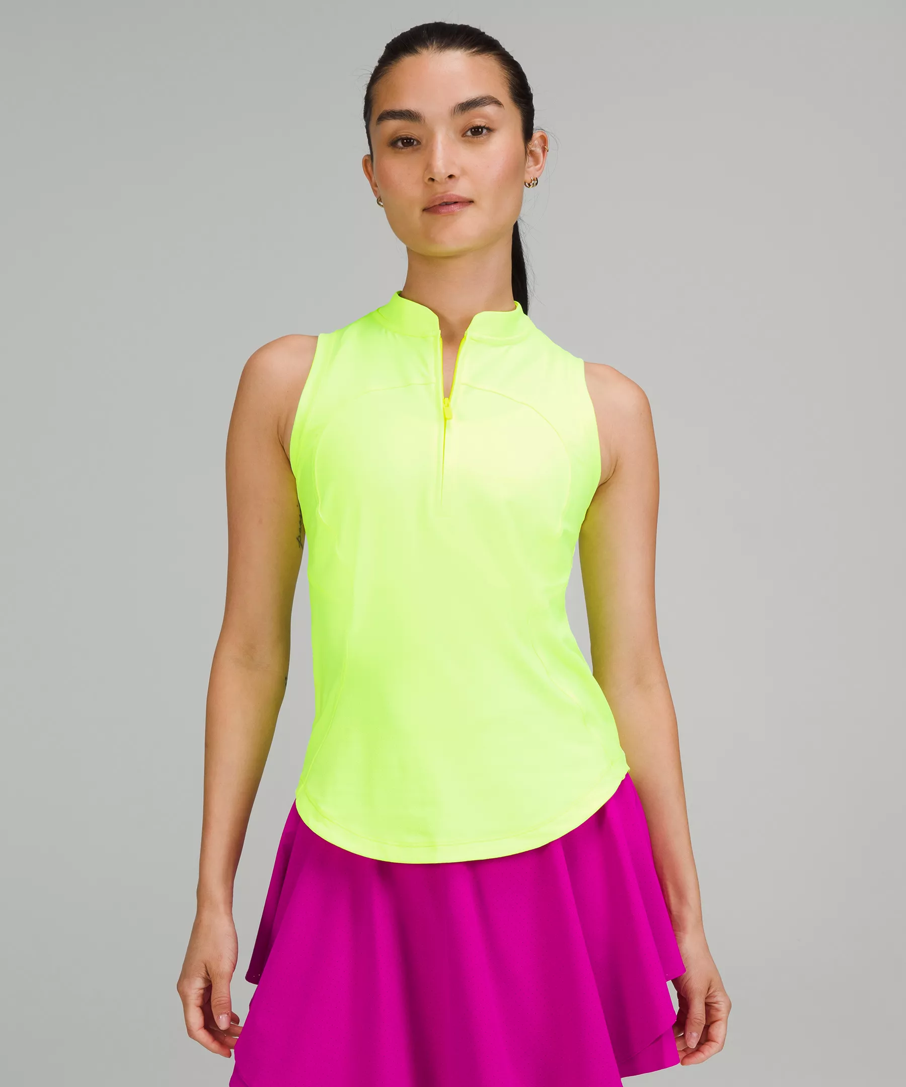 Front Zip Mock-Neck Tennis Tank Top Highlight Yellow