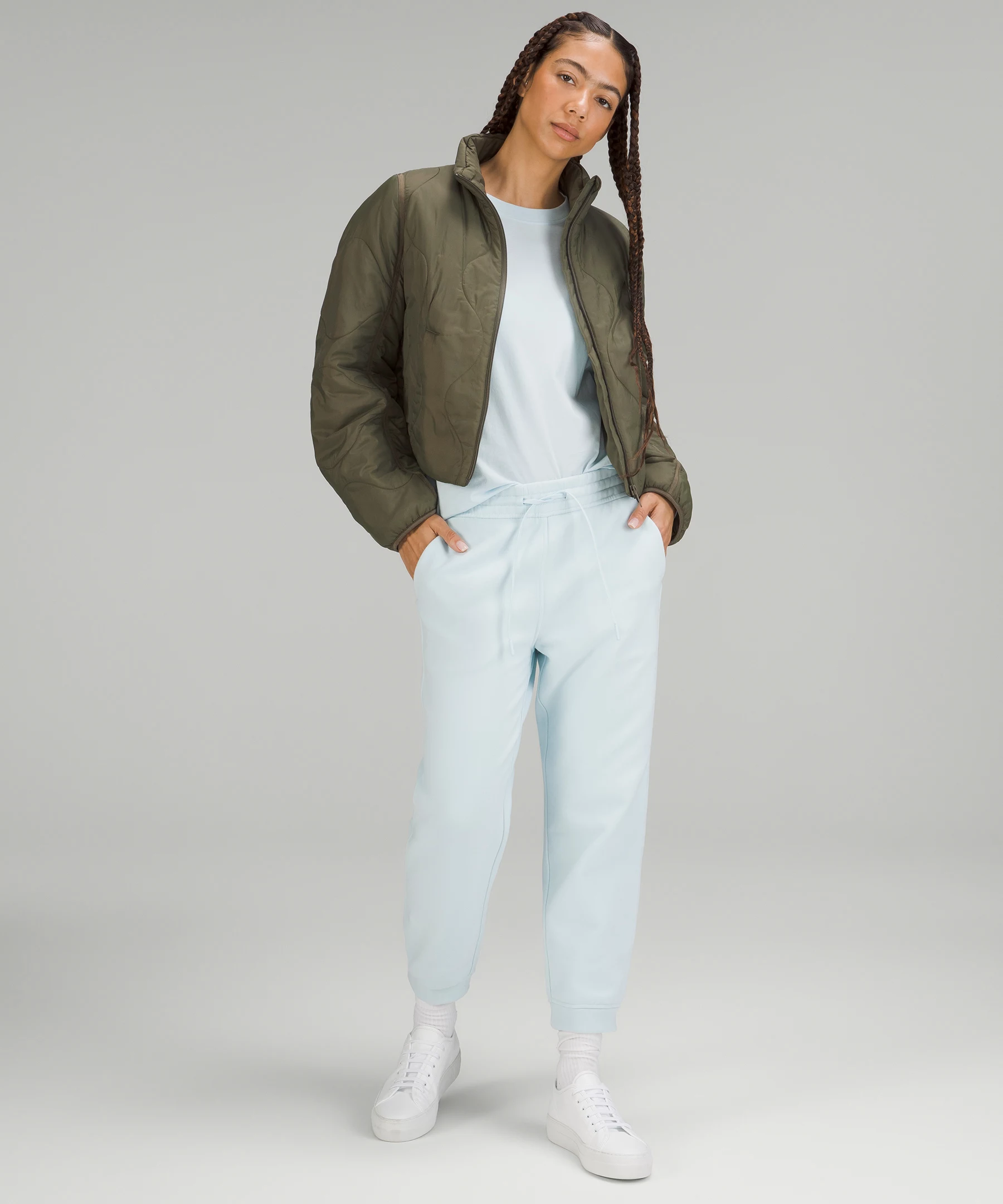 Quilted Light Insulation Cropped Jacket Medium Olive