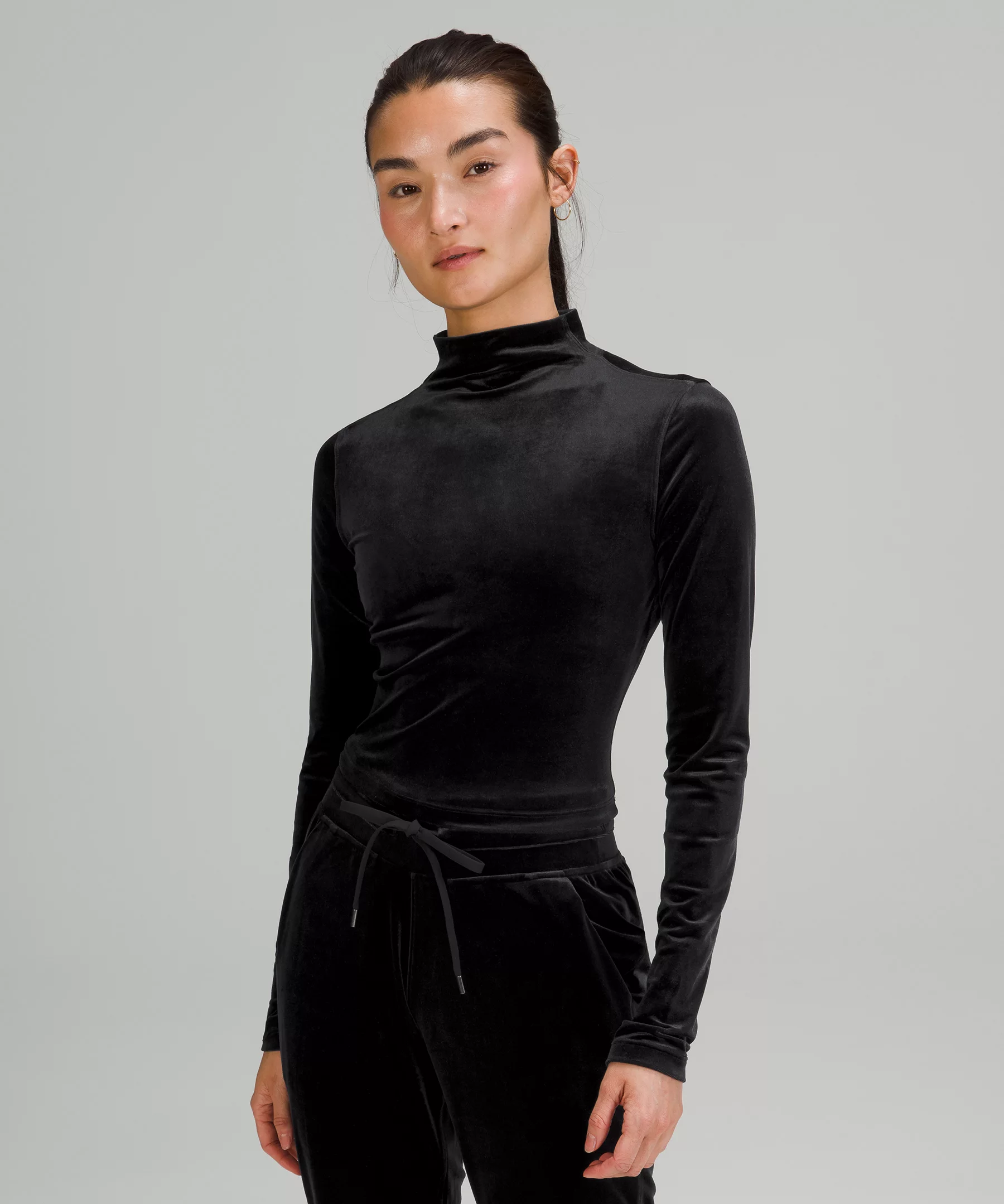 All Aligned Mock Neck Long Sleeve Shirt *Crushed Velvet Black