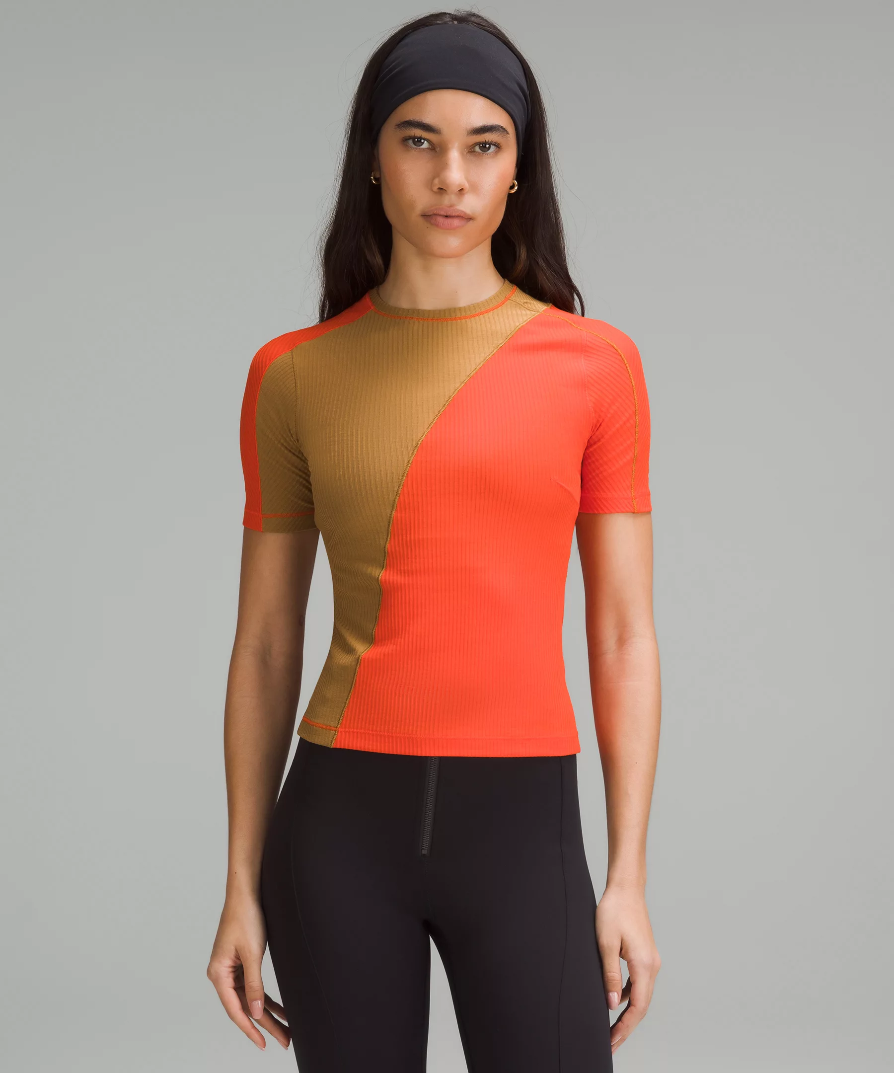 Asymmetrical Ribbed Cotton T-Shirt Solar Orange/Bold Beige
